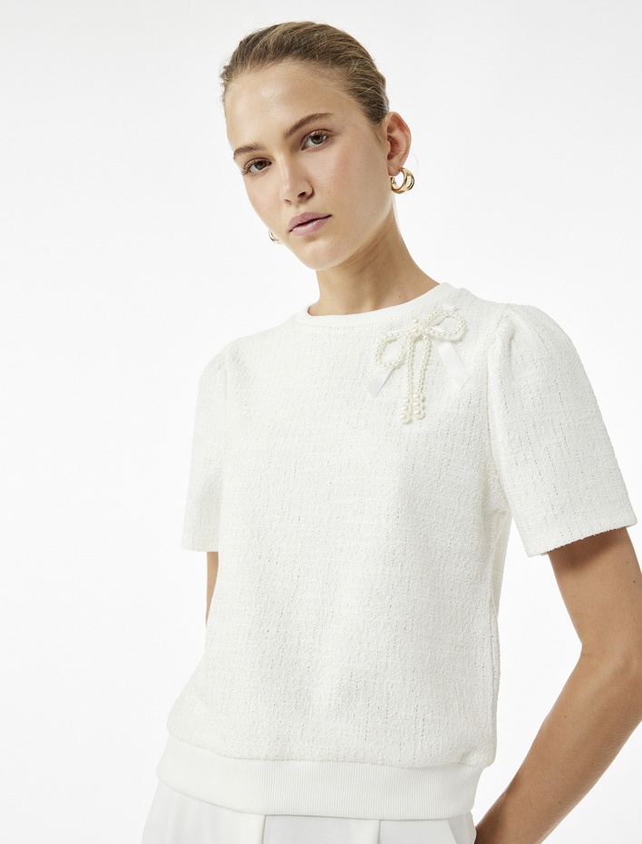  Kısa Kollu Bisiklet Yaka Fiyonk Detaylı Sweatshirt