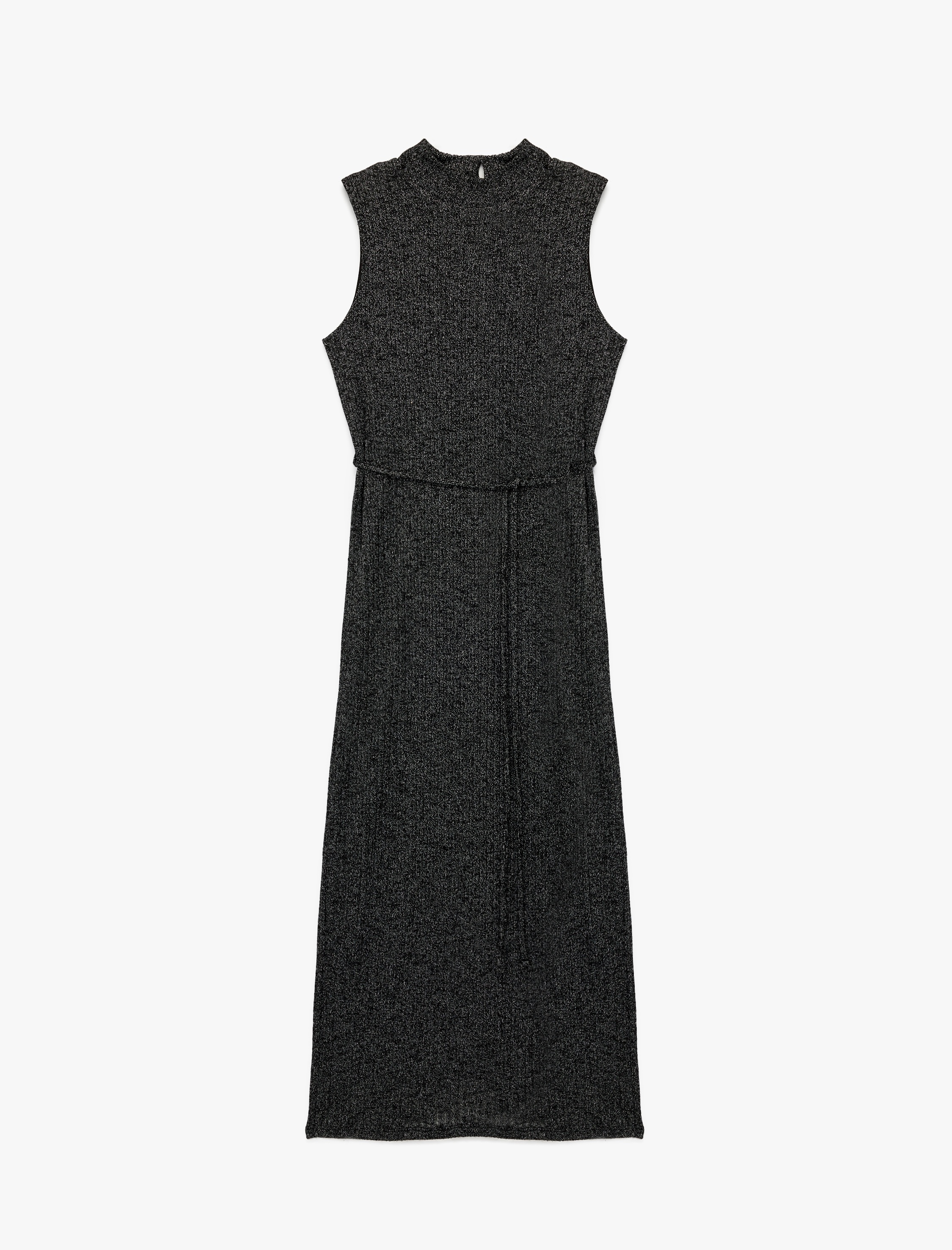 Slim Fit Parıltılı Kemerli Kolsuz Dik Yaka Midi Boy Kalem Elbise