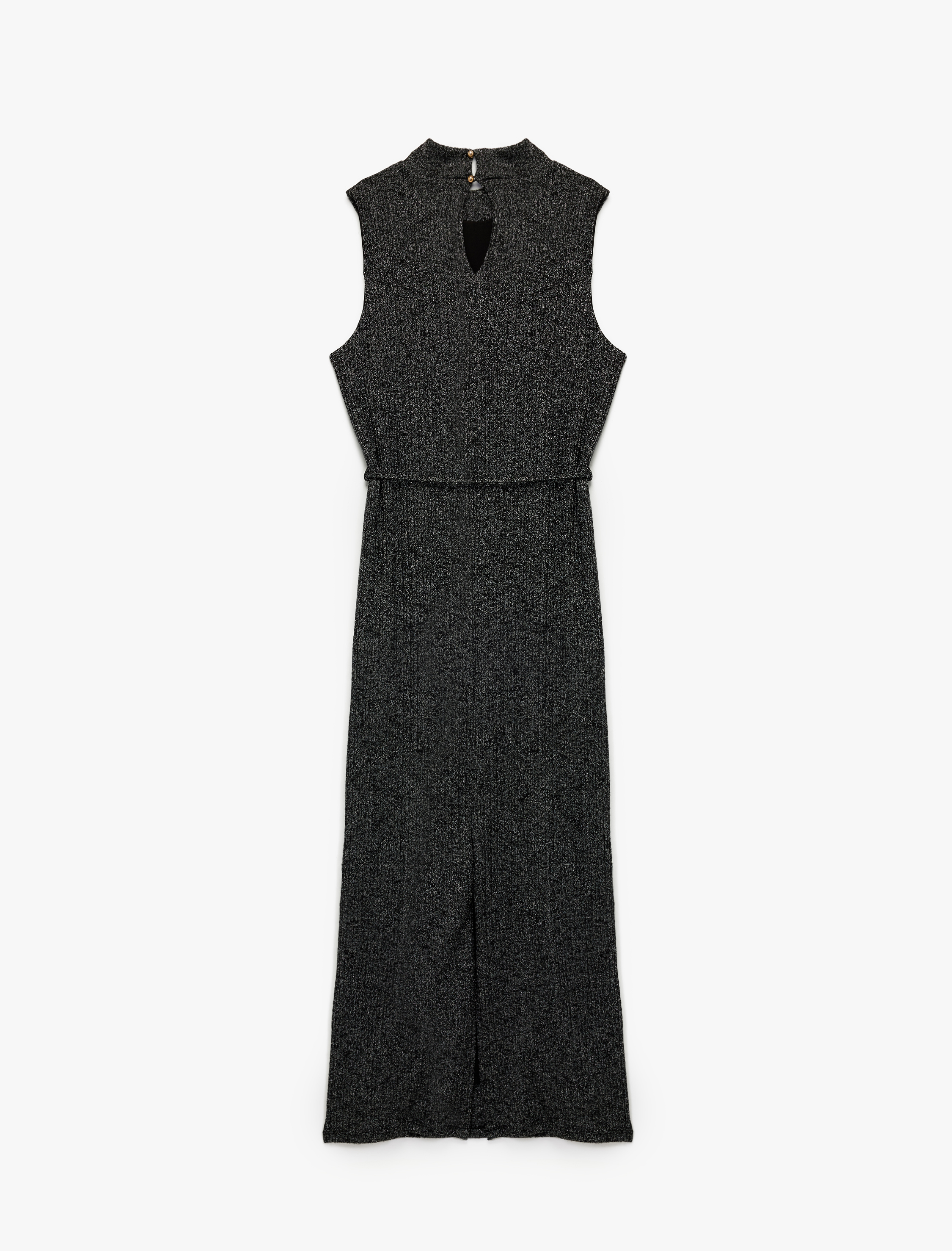 Slim Fit Parıltılı Kemerli Kolsuz Dik Yaka Midi Boy Kalem Elbise