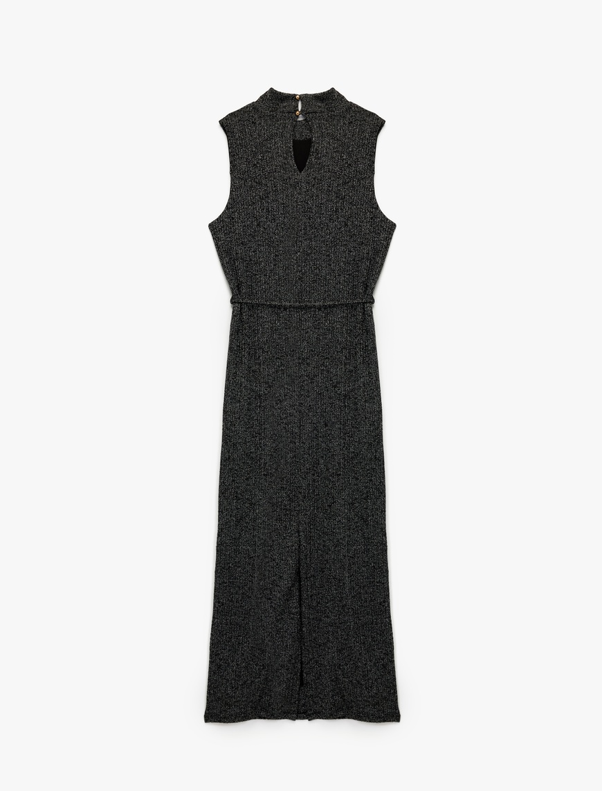   Slim Fit Parıltılı Kemerli Kolsuz Dik Yaka Midi Boy Kalem Elbise