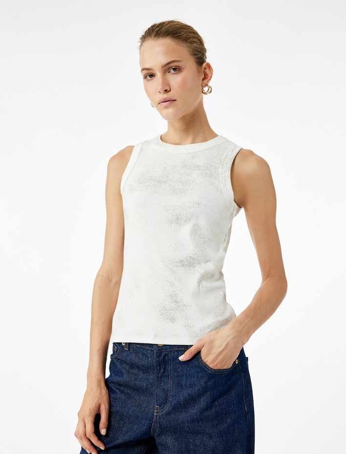  Pamuklu Kolsuz Halter Yaka Parlak Simli Atlet