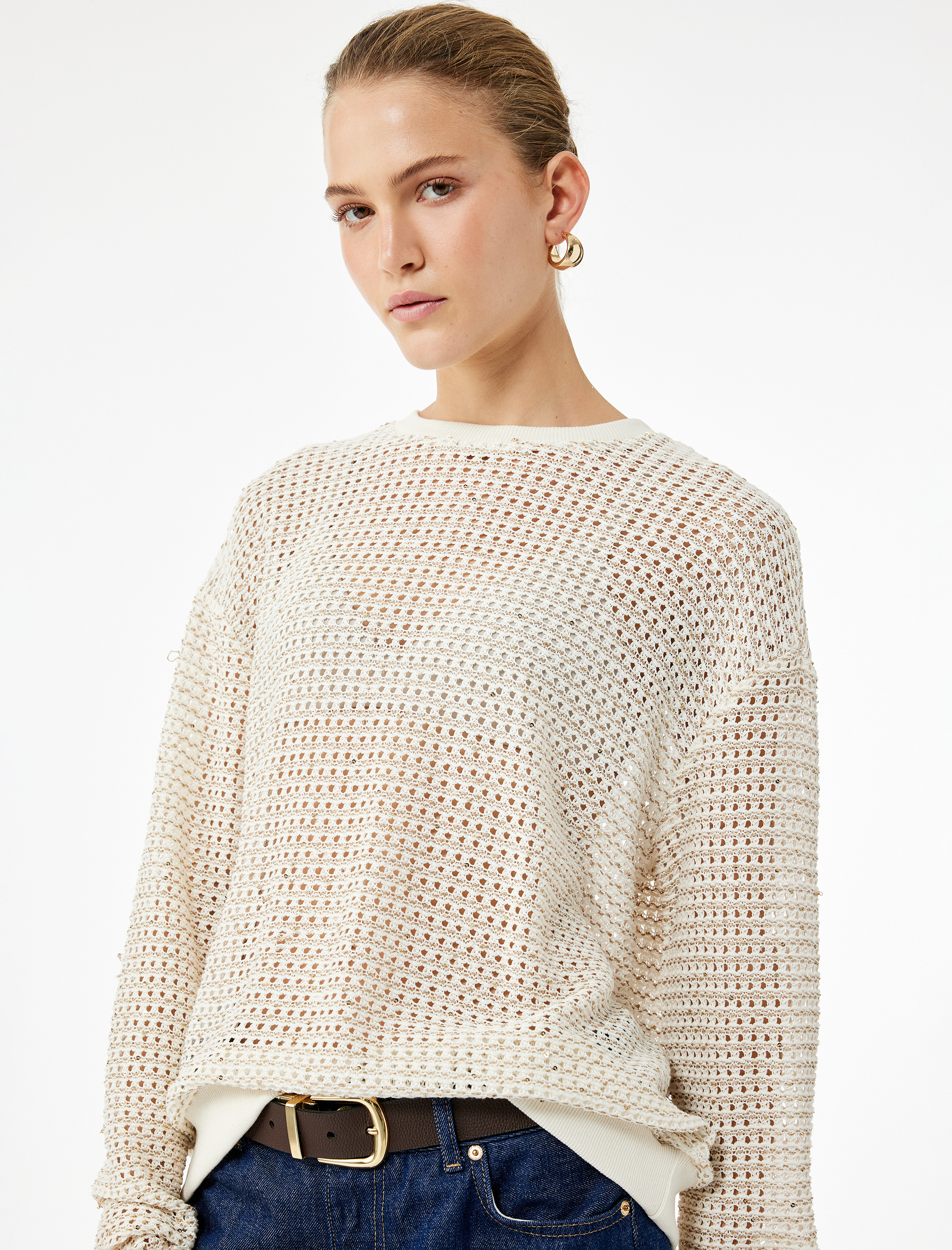   Uzun Kollu Bisiklet Yaka Parıltılı Boncuklu Ajurlu Kazak