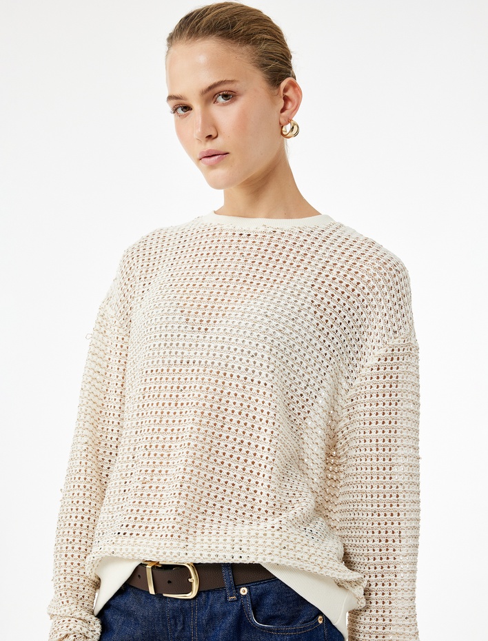  Uzun Kollu Bisiklet Yaka Parıltılı Boncuklu Ajurlu Kazak