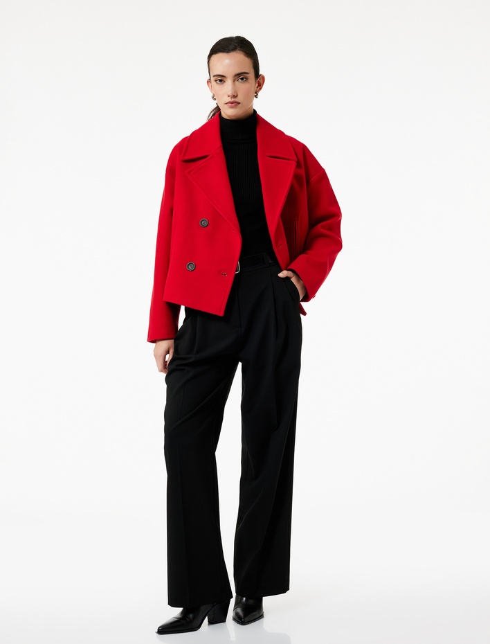  Düğmeli Cepli Uzun Kollu Kruvaze Crop Kaşe Ceket