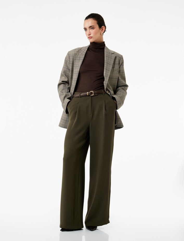  Krep Kumaş Pile Detaylı Cepli Yüksek Bel Palazzo Pantolon