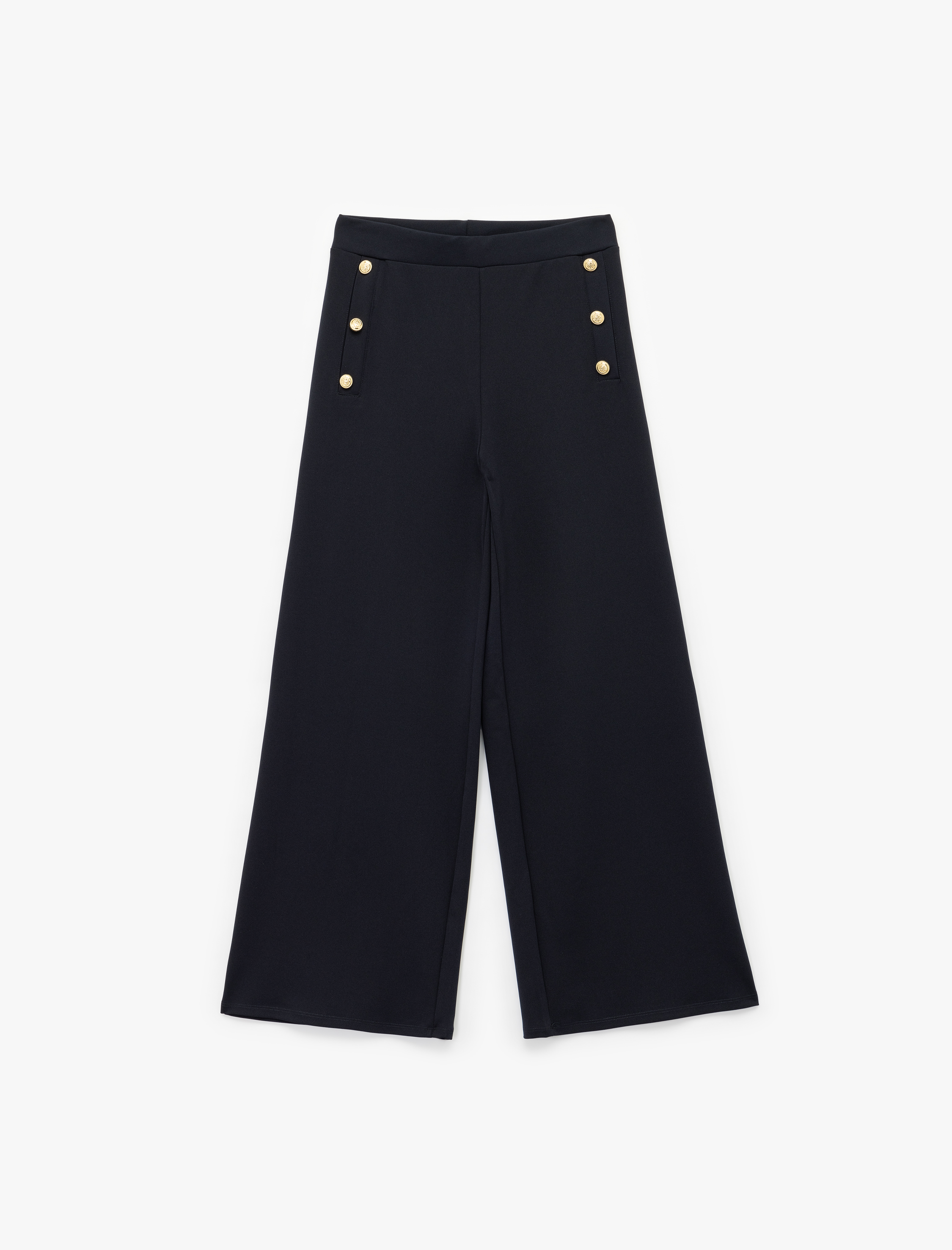   Düğme Detaylı Uzun Geniş Paça Kumaş Pantolon