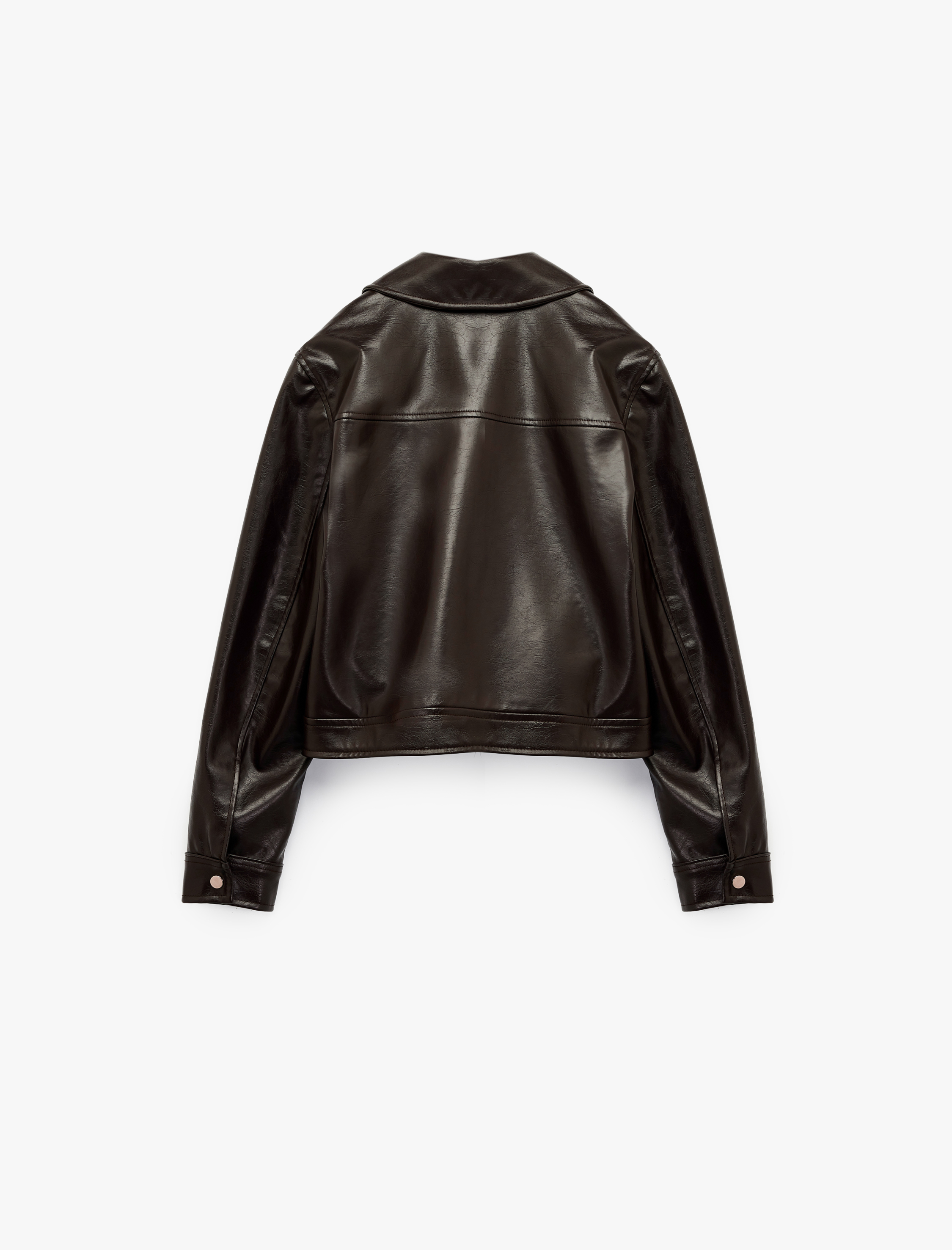   Fermuarlı Uzun Kollu Gömlek Yaka Cepli Crop Suni Deri Ceket