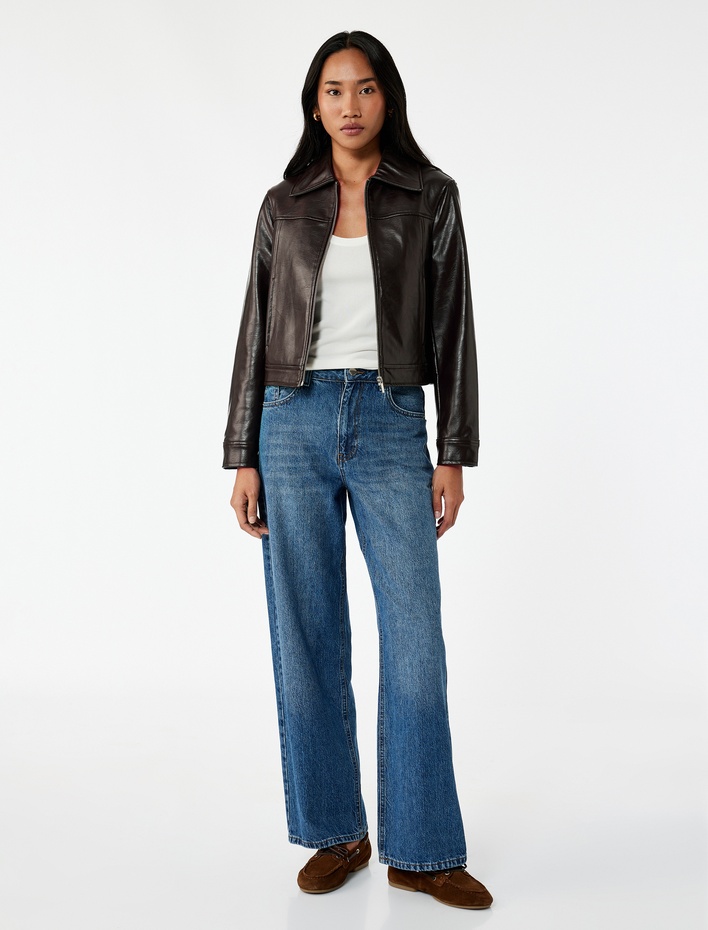  Fermuarlı Uzun Kollu Gömlek Yaka Cepli Crop Suni Deri Ceket