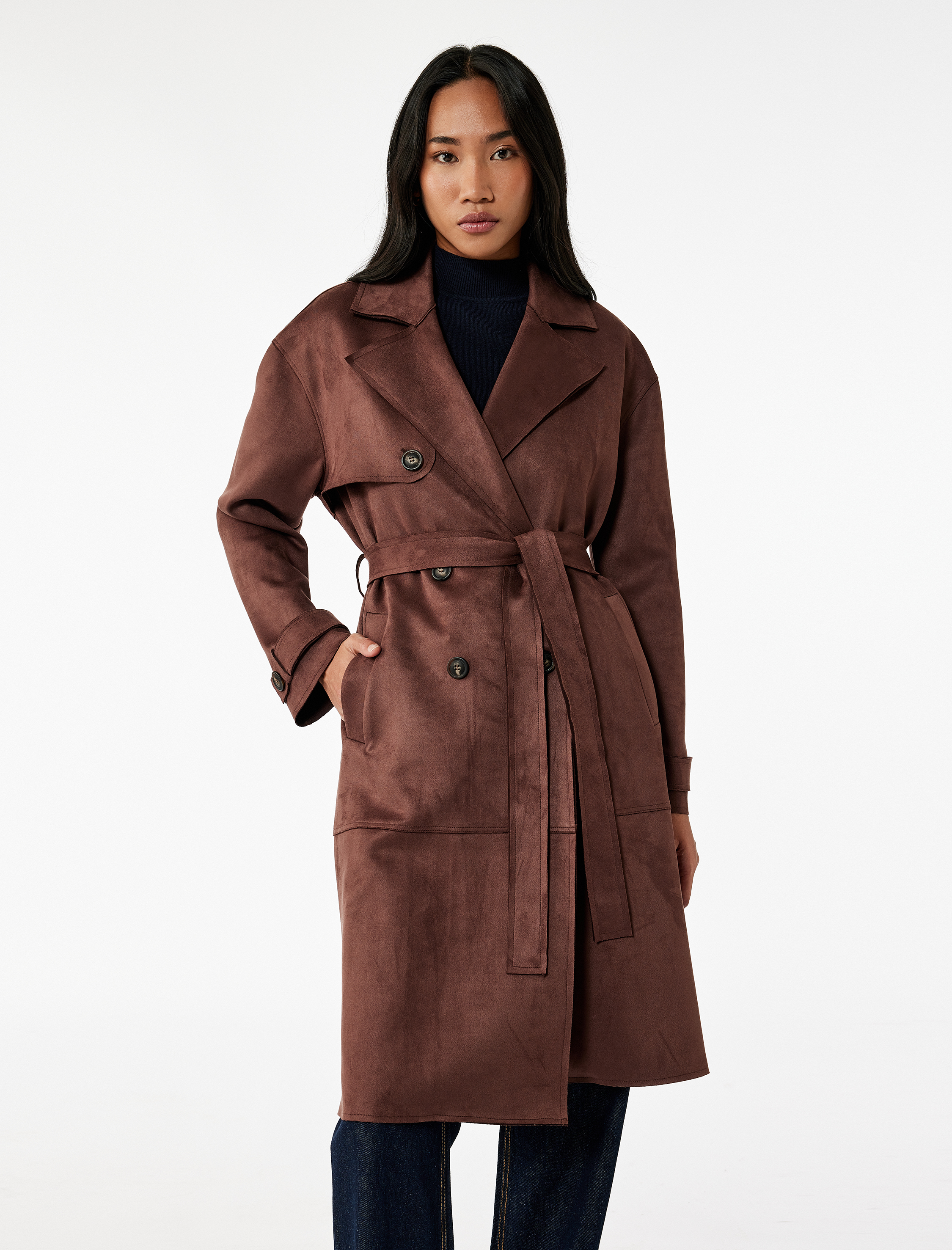   Kemerli Uzun Kollu Cepli Kruvaze Süet Görünümlü Trençkot