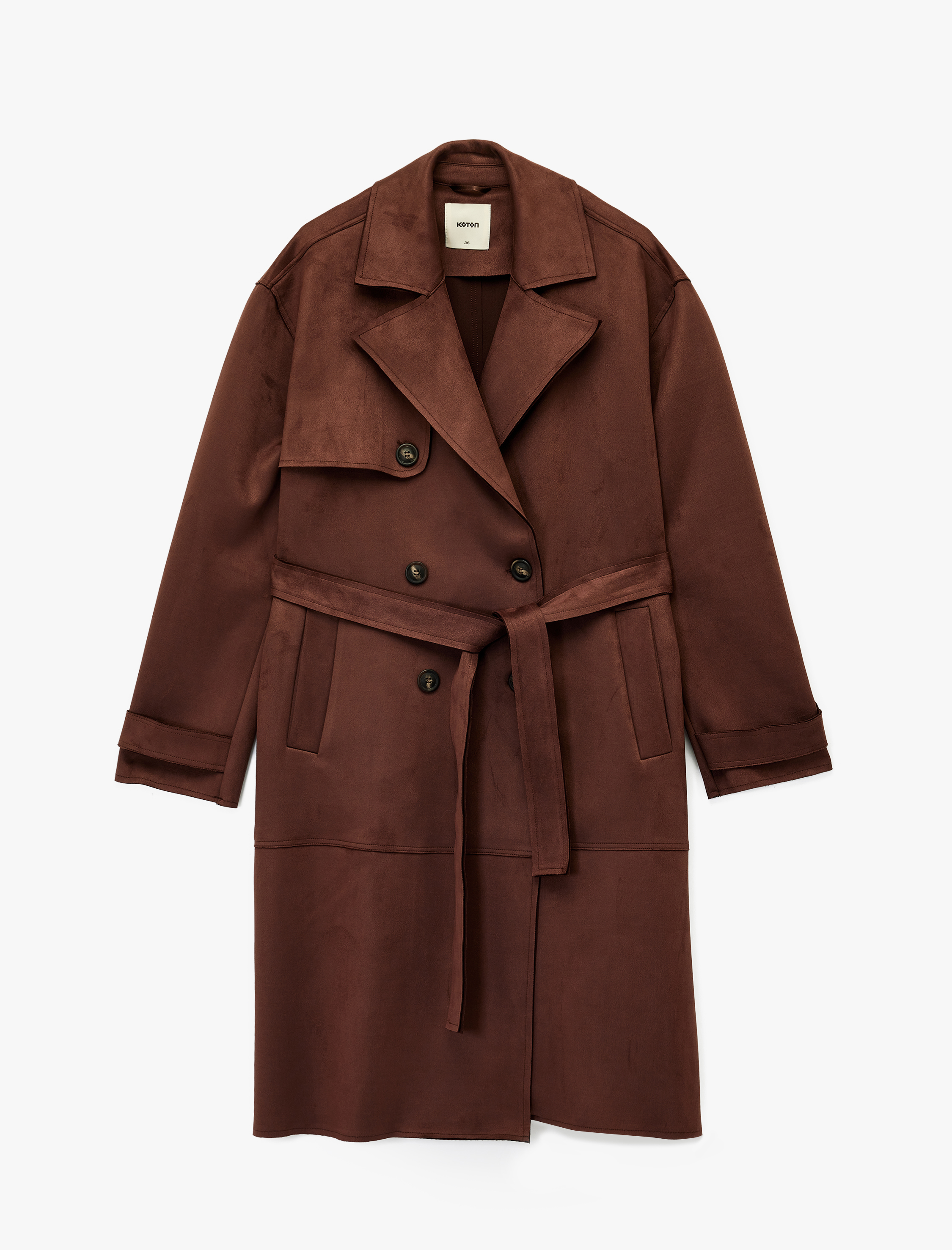   Kemerli Uzun Kollu Cepli Kruvaze Süet Görünümlü Trençkot