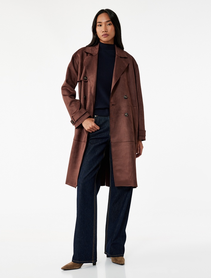  Kemerli Uzun Kollu Cepli Kruvaze Süet Görünümlü Trençkot