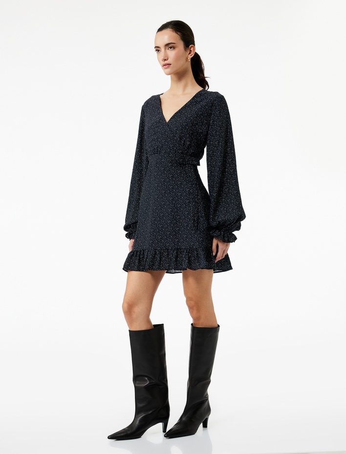  Uzun Kollu Fırfırlı Desenli Kruvaze Mini Elbise