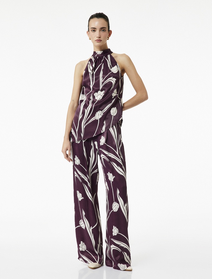  Cepli Floral Desenli Yüksek Bel Saten Palazzo Pantolon