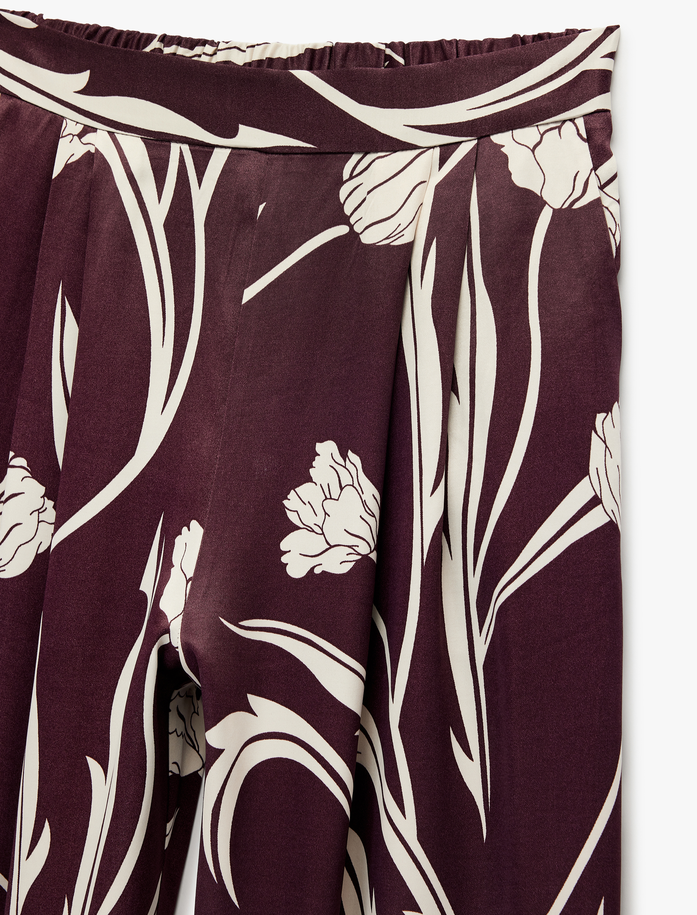   Cepli Floral Desenli Yüksek Bel Saten Palazzo Pantolon