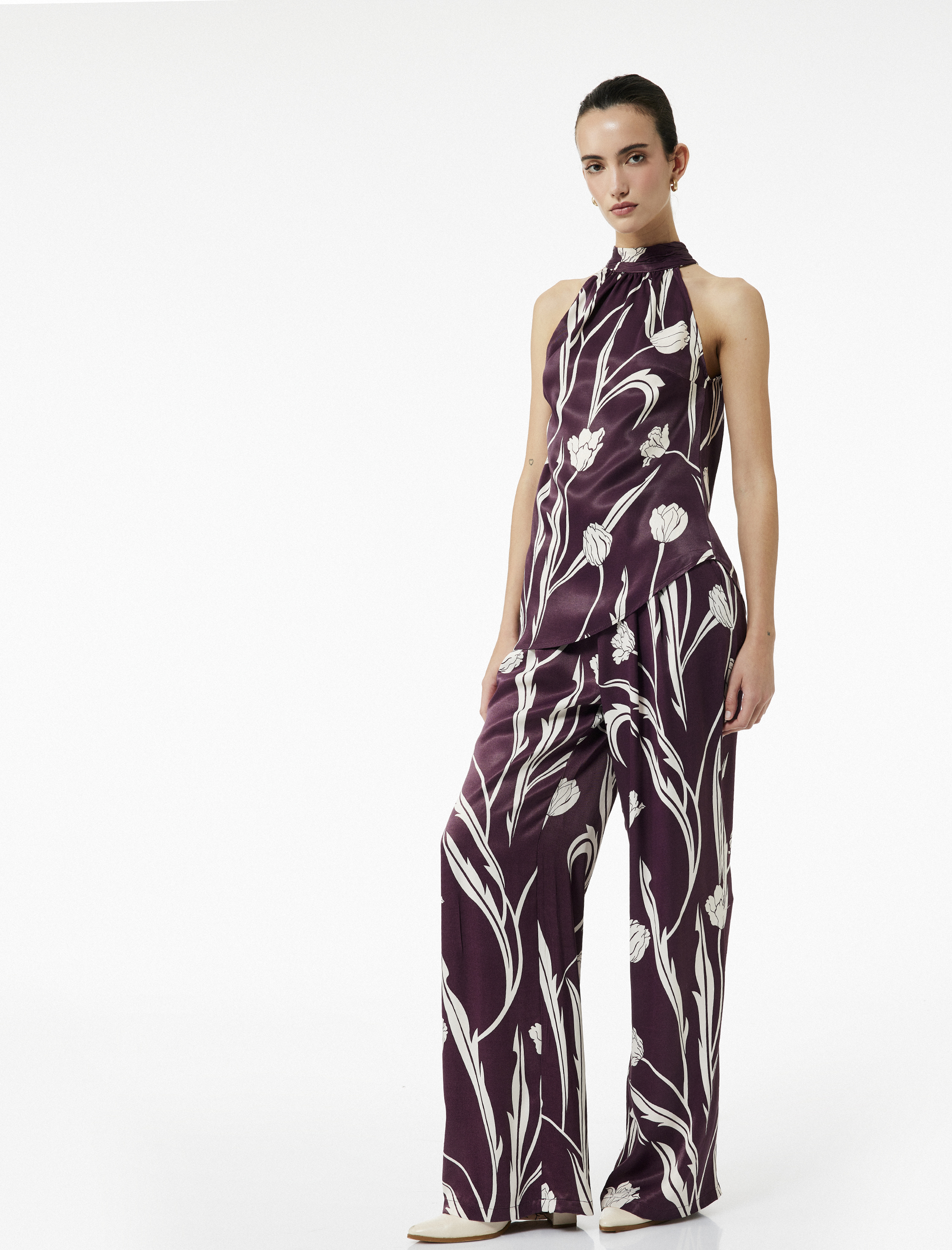   Cepli Floral Desenli Yüksek Bel Saten Palazzo Pantolon