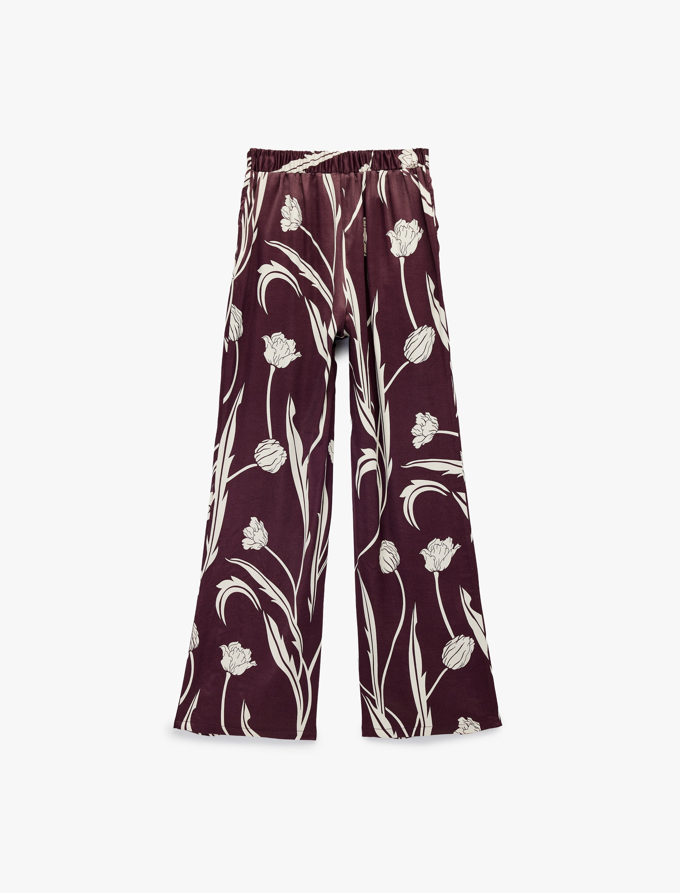   Cepli Floral Desenli Yüksek Bel Saten Palazzo Pantolon