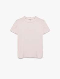 Slim Fit Fiyonk Nakış Detaylı Kısa Kollu Bisiklet Yaka Tişört