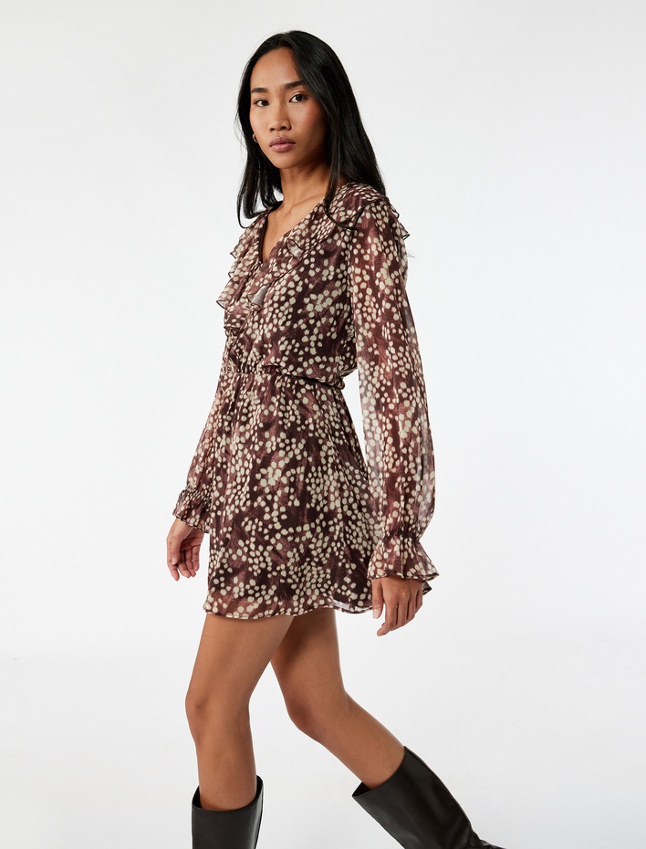  Bol Kalıp Fırfırlı V Yaka Uzun Kollu Desenli Mini Şifon Elbise