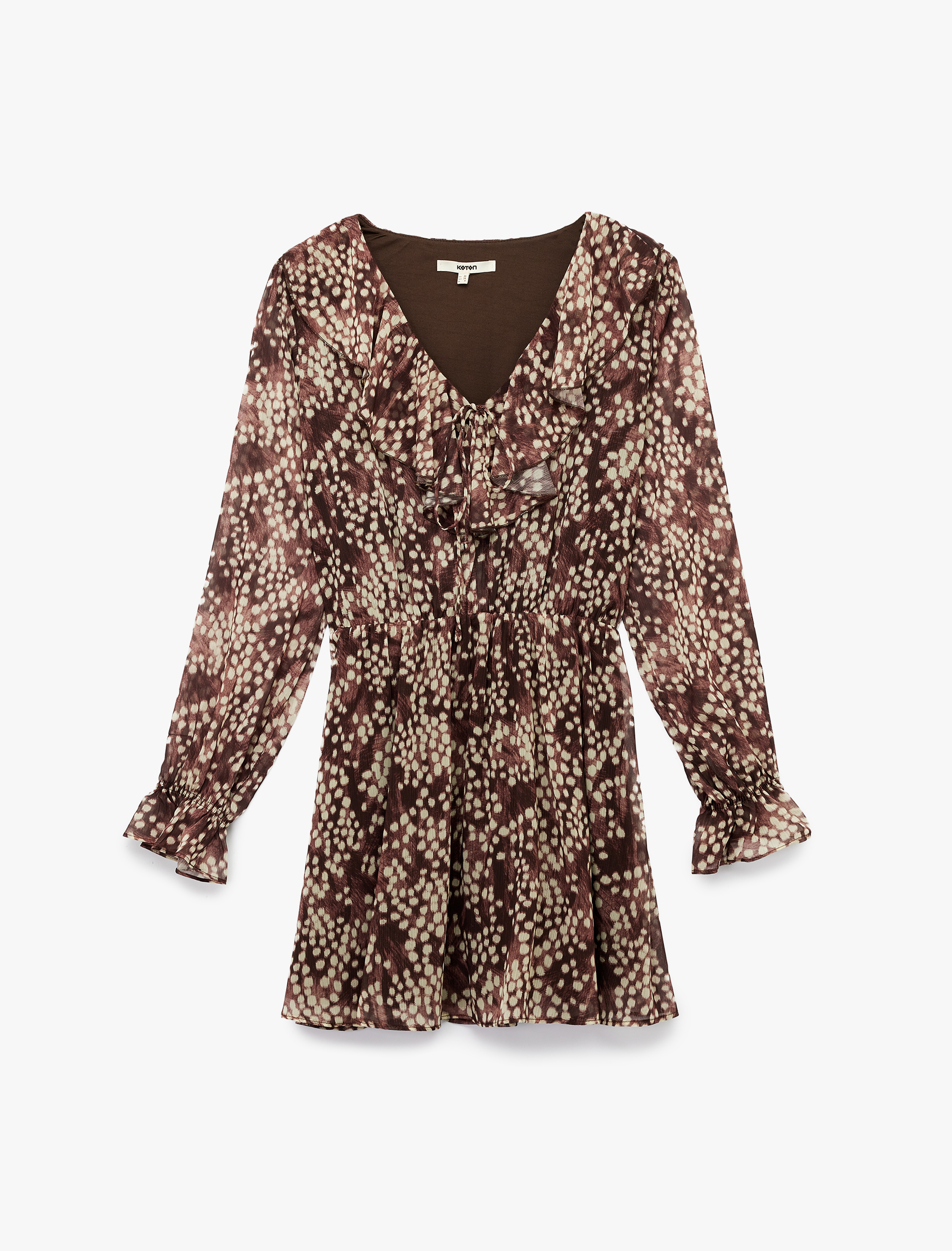   Bol Kalıp Fırfırlı V Yaka Uzun Kollu Desenli Mini Şifon Elbise