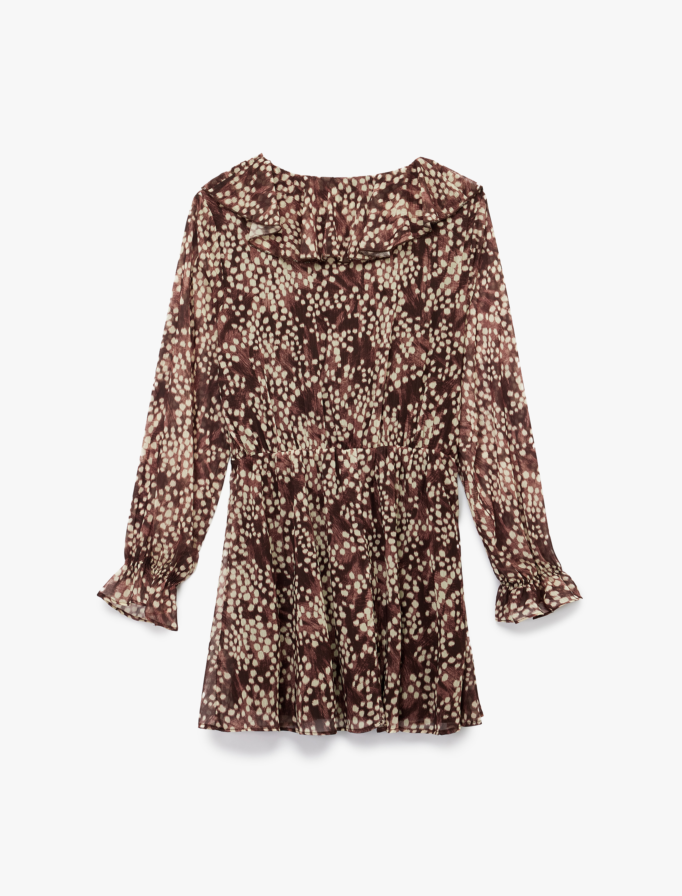   Bol Kalıp Fırfırlı V Yaka Uzun Kollu Desenli Mini Şifon Elbise