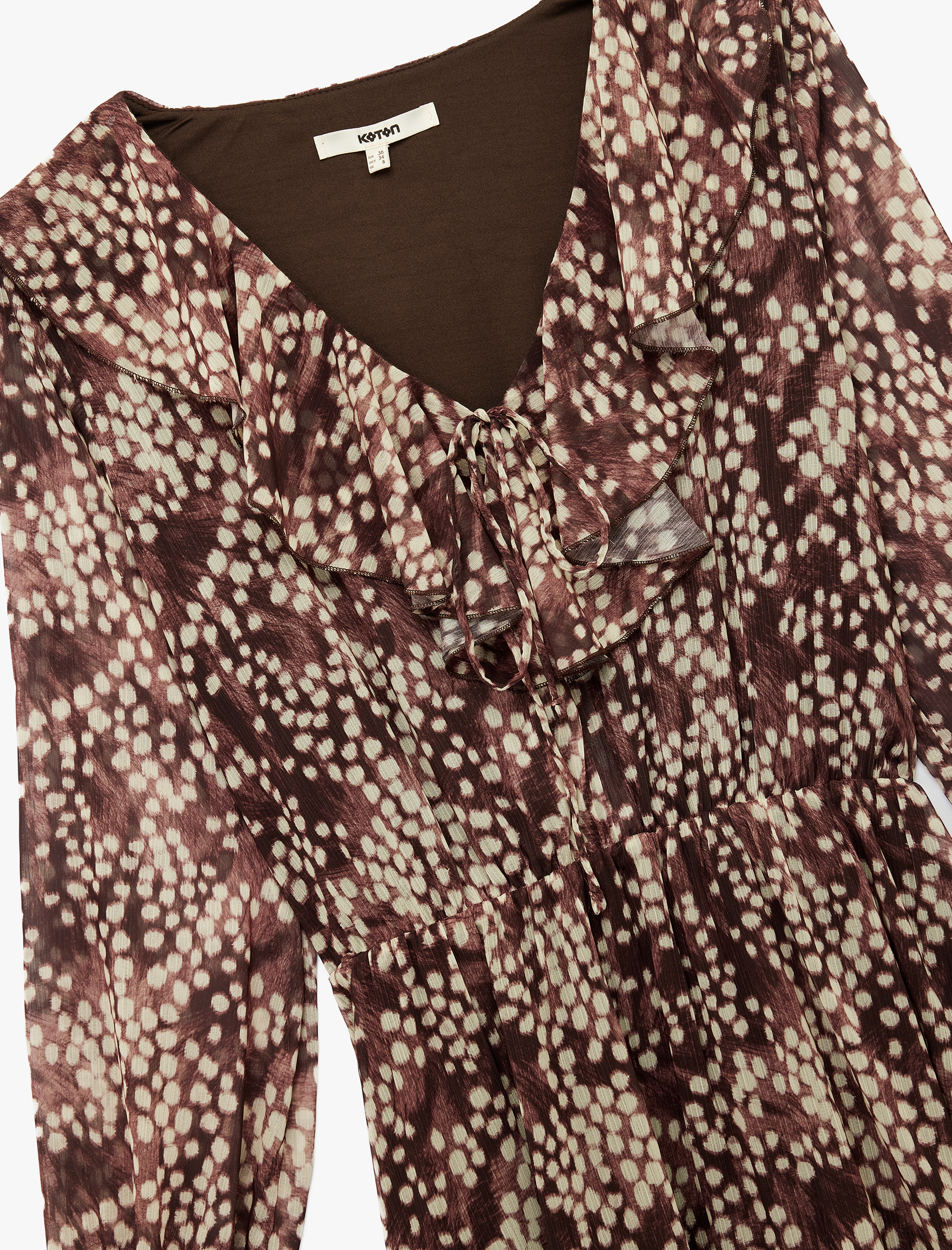   Bol Kalıp Fırfırlı V Yaka Uzun Kollu Desenli Mini Şifon Elbise