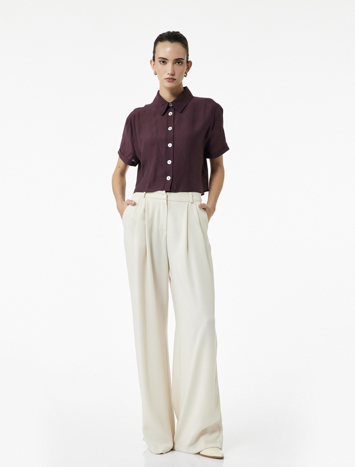  Regular Fit Kısa Kollu Klasik Yaka Crop Gömlek