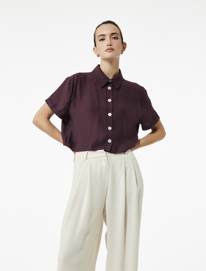  Regular Fit Kısa Kollu Klasik Yaka Crop Gömlek