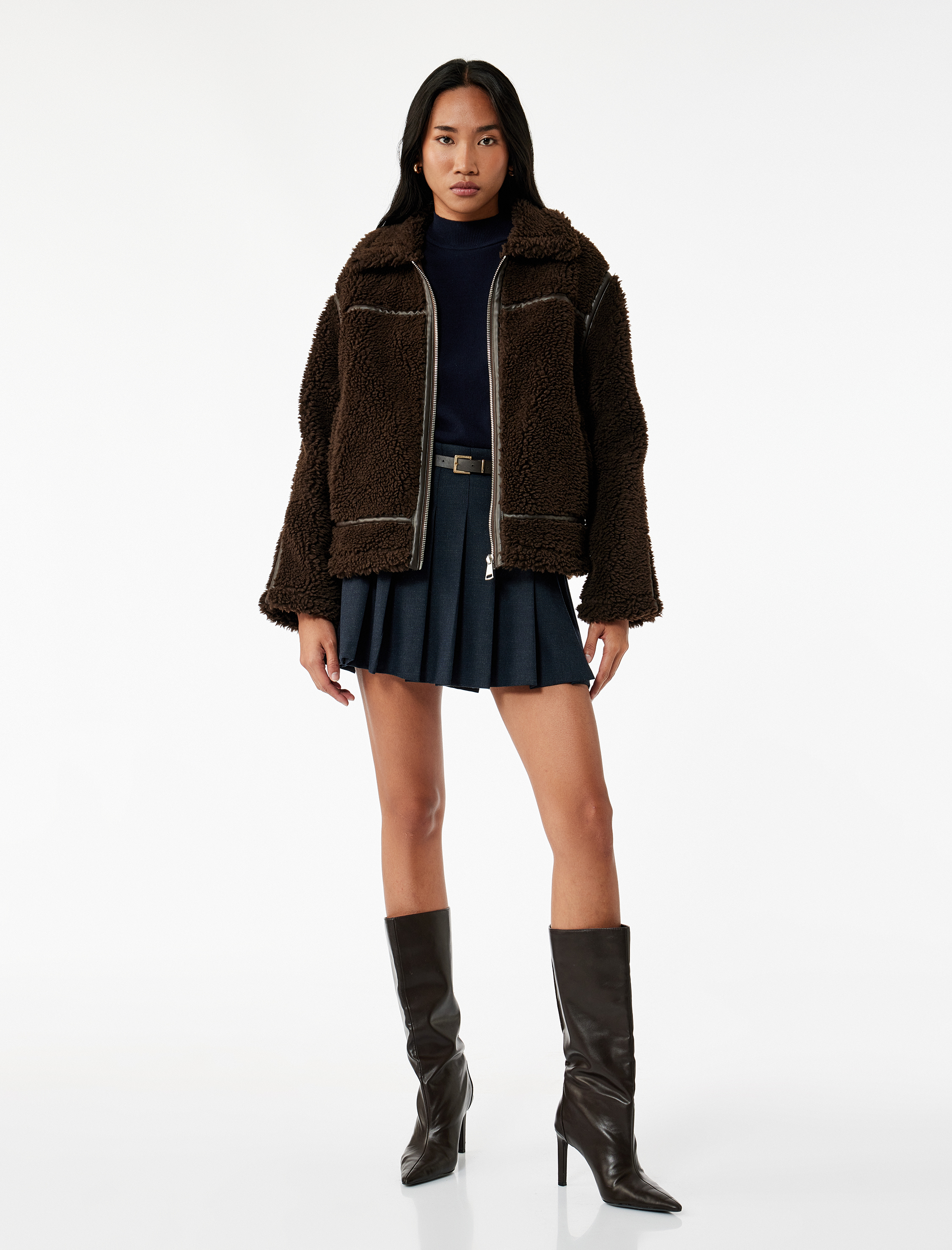   Suni Süet Astarlı Uzun Kollu Cepli Fermuarlı Kısa Peluş Kaban