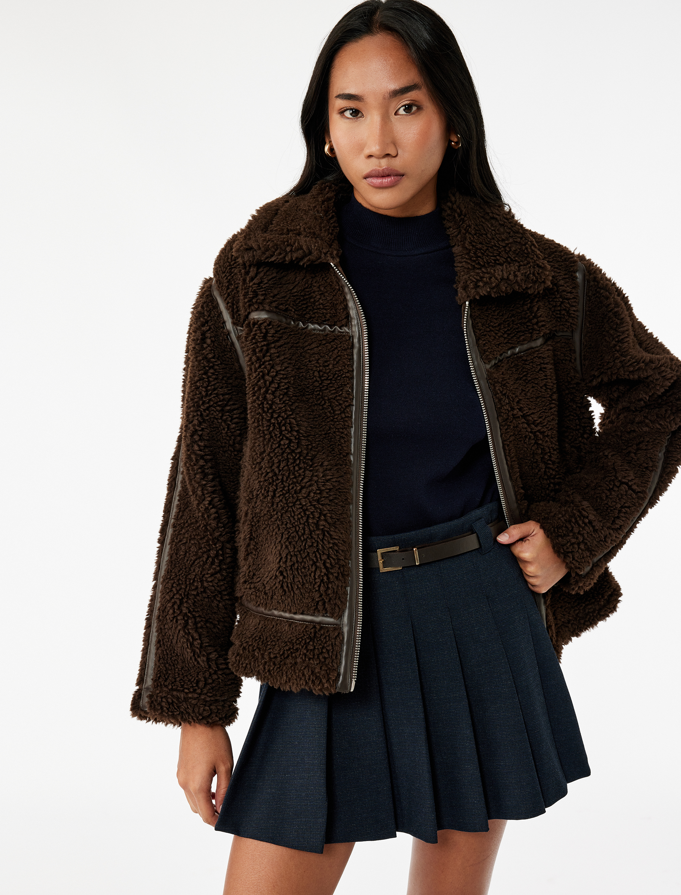   Suni Süet Astarlı Uzun Kollu Cepli Fermuarlı Kısa Peluş Kaban