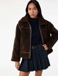 Suni Süet Astarlı Uzun Kollu Cepli Fermuarlı Kısa Peluş Kaban
