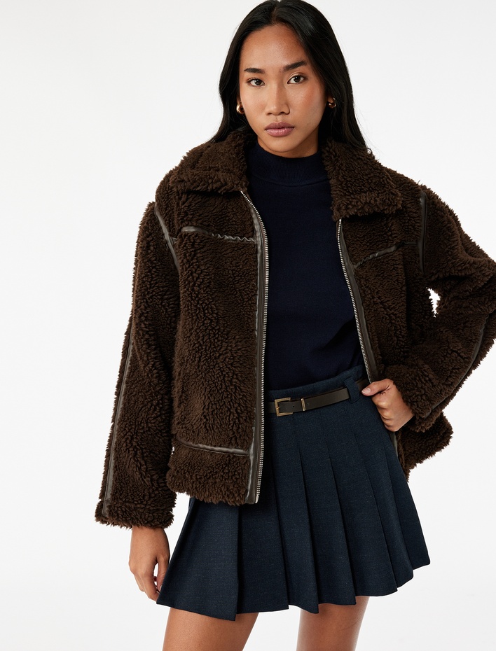  Suni Süet Astarlı Uzun Kollu Cepli Fermuarlı Kısa Peluş Kaban