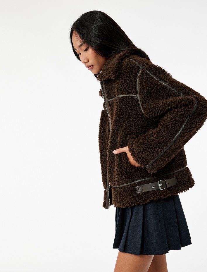  Suni Süet Astarlı Uzun Kollu Cepli Fermuarlı Kısa Peluş Kaban