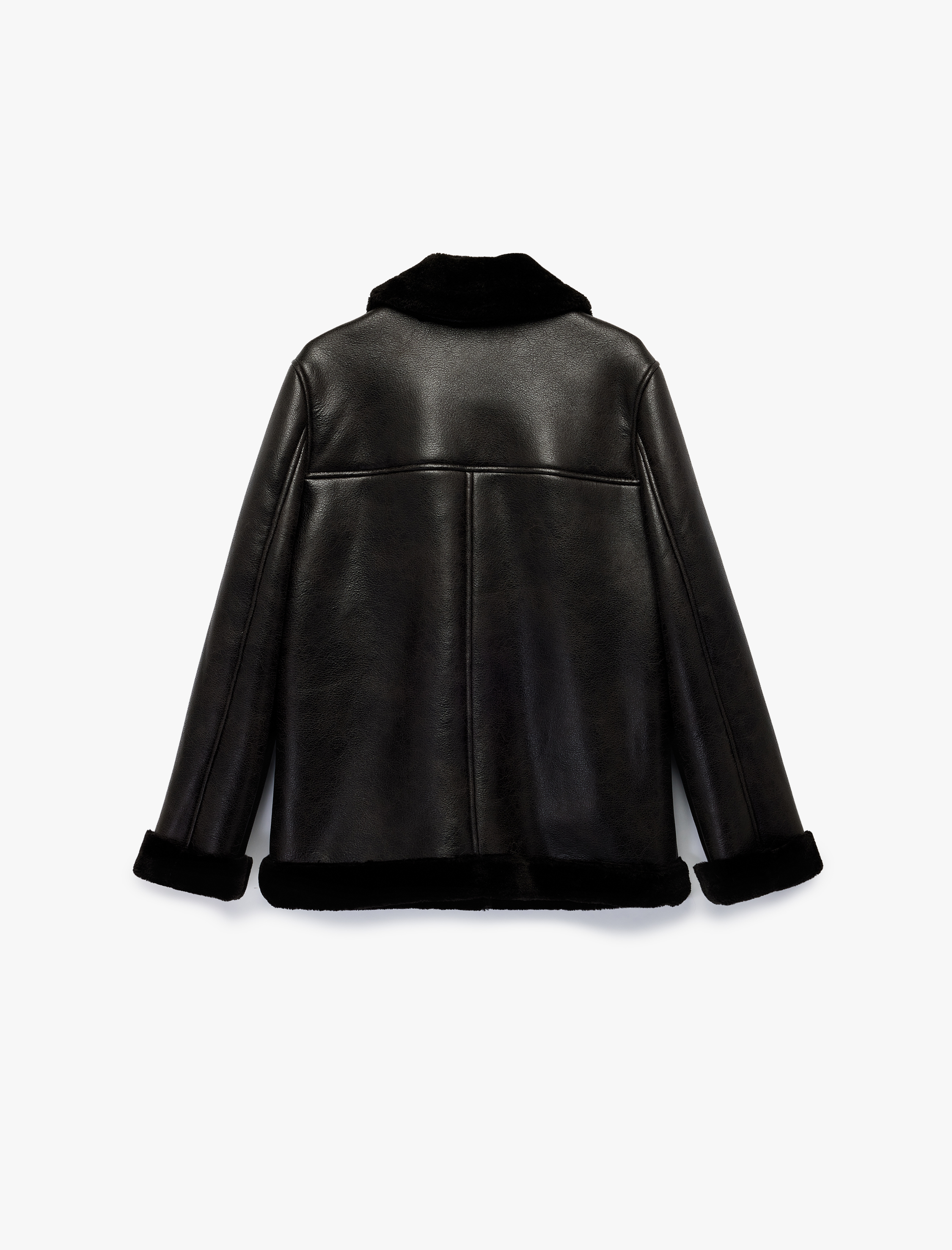   İçi Peluş Astarlı Uzun Kollu Fermuarlı Uzun Suni Deri Biker Ceket