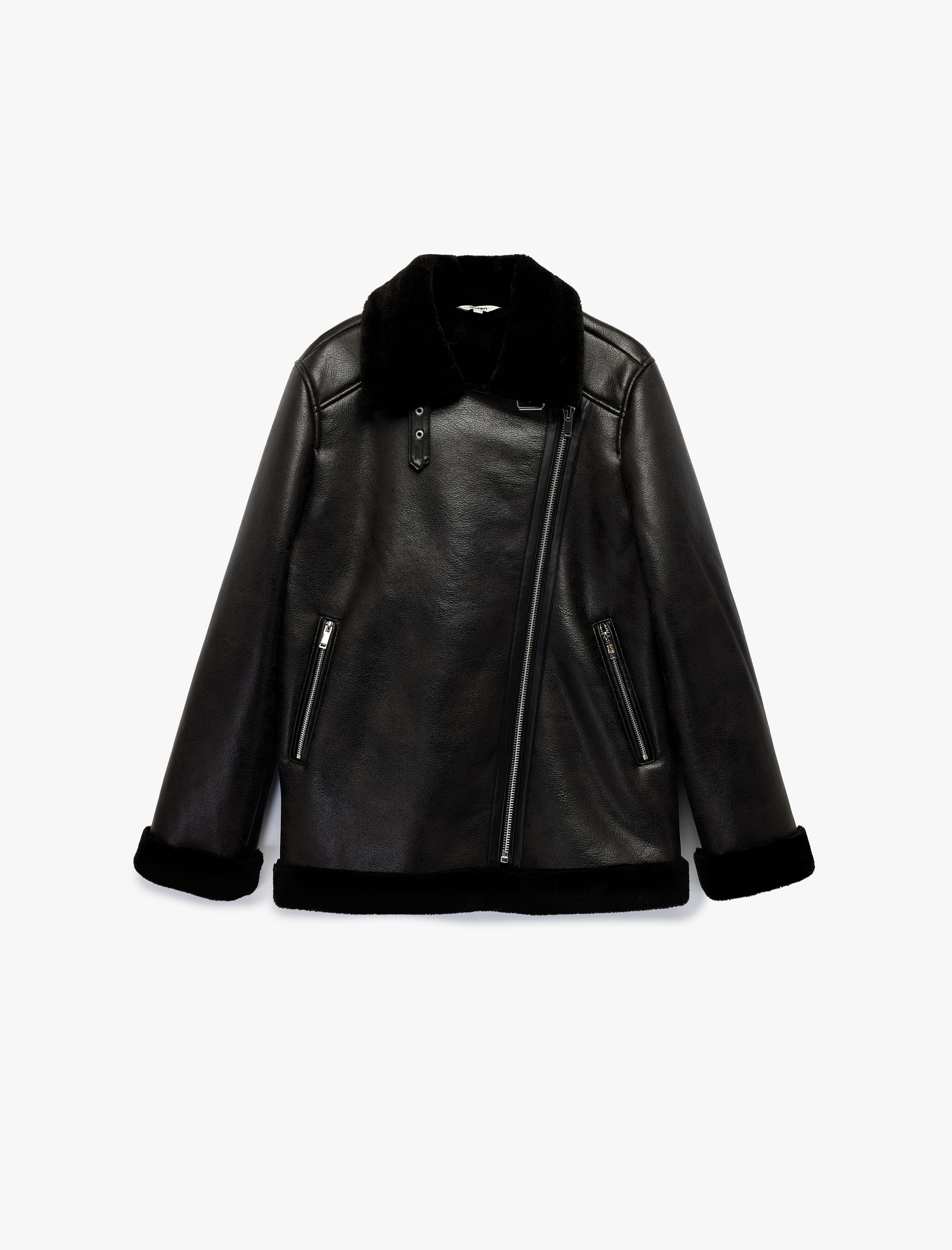   İçi Peluş Astarlı Uzun Kollu Fermuarlı Uzun Suni Deri Biker Ceket