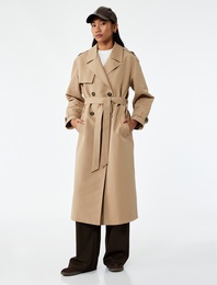 Astarlı Uzun Kollu Cepli Kemerli Kruvaze Gabardin Trençkot