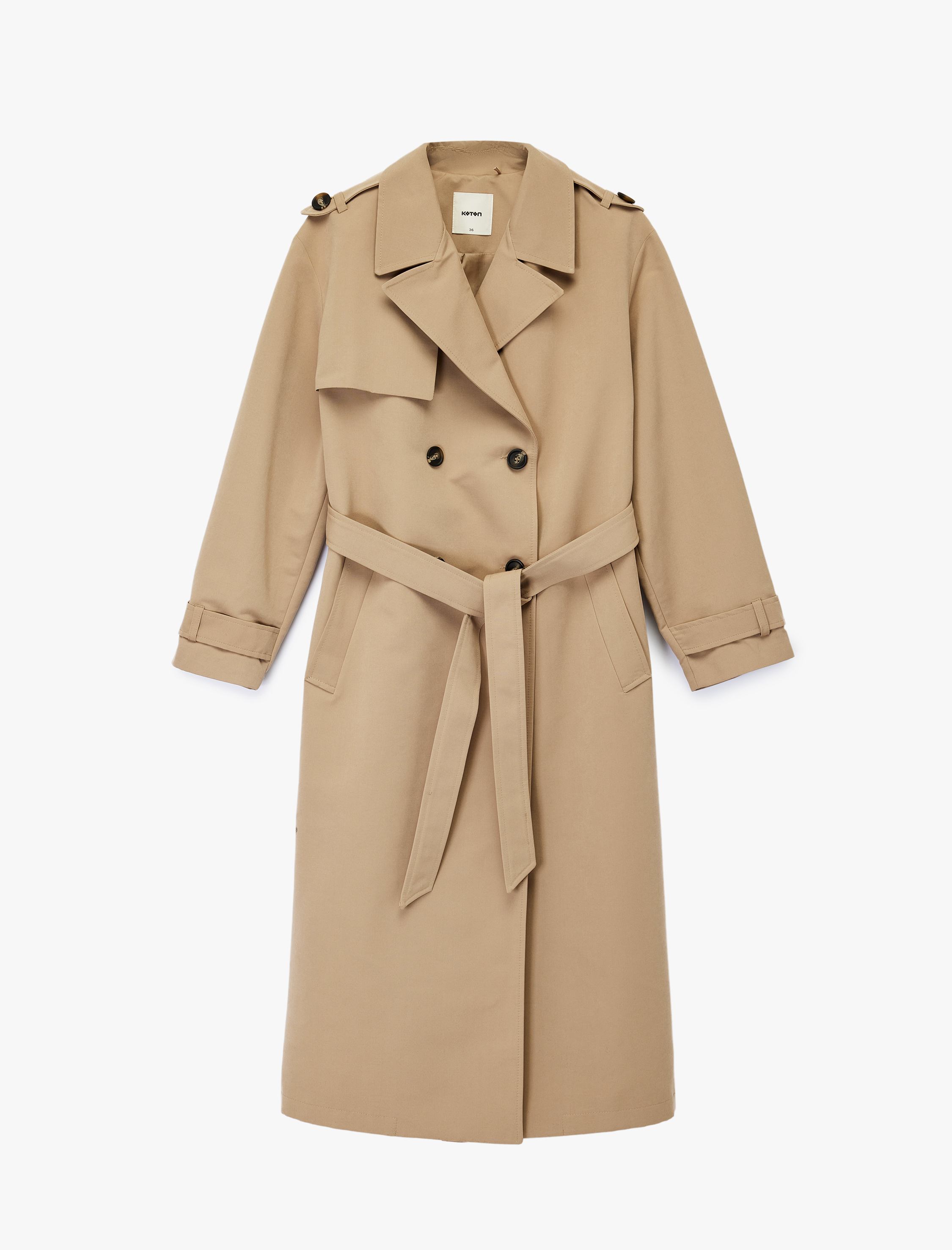   Astarlı Uzun Kollu Cepli Kemerli Kruvaze Gabardin Trençkot