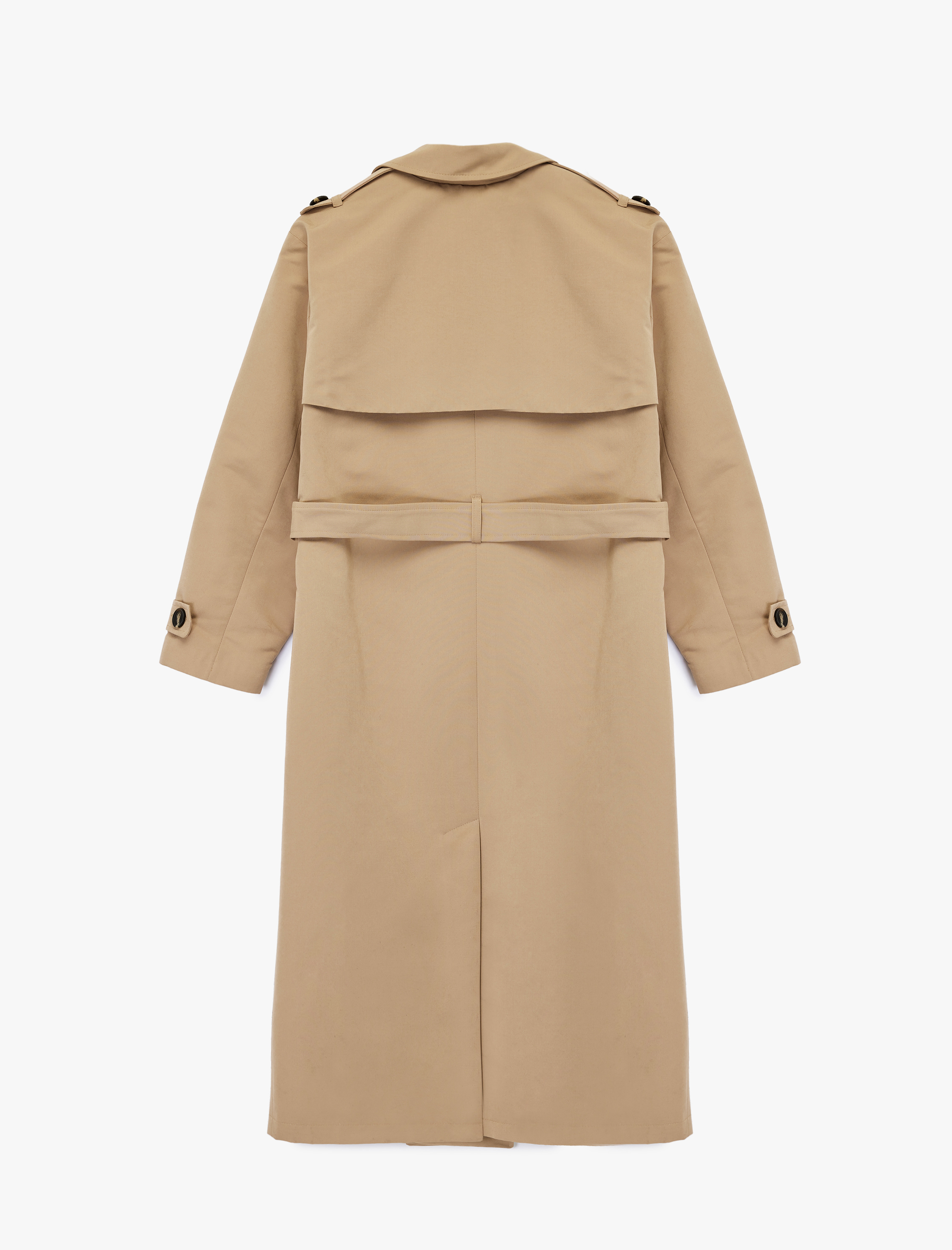   Astarlı Uzun Kollu Cepli Kemerli Kruvaze Gabardin Trençkot