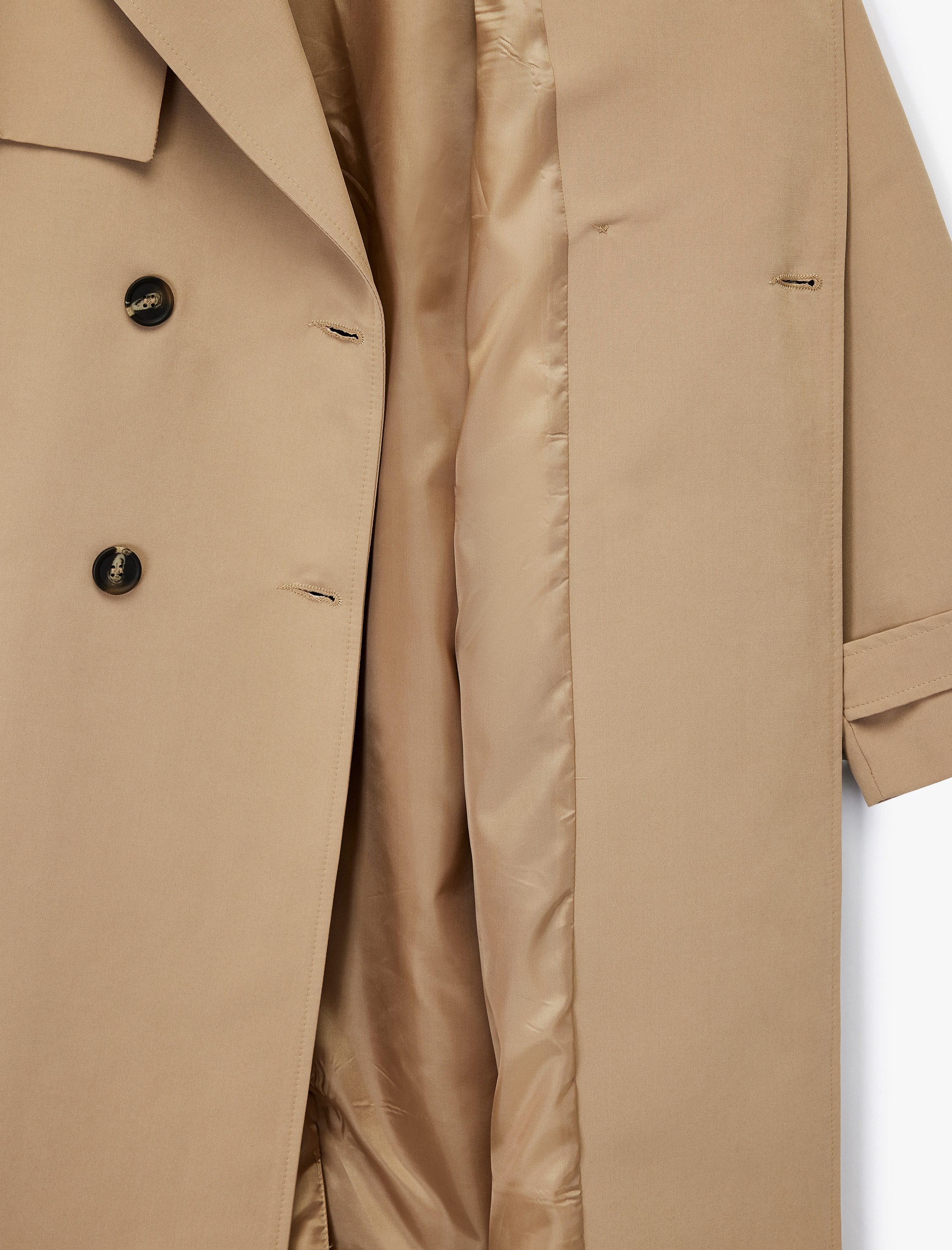   Astarlı Uzun Kollu Cepli Kemerli Kruvaze Gabardin Trençkot