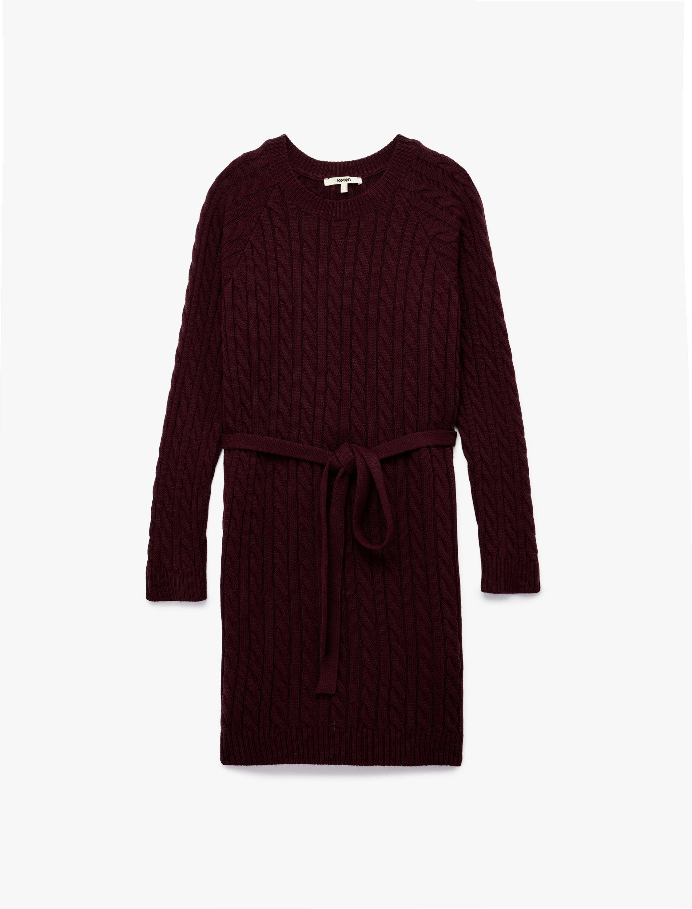   Uzun Kollu Bisiklet Yaka Kemerli Mini Boy Saç Örgü Triko Elbise