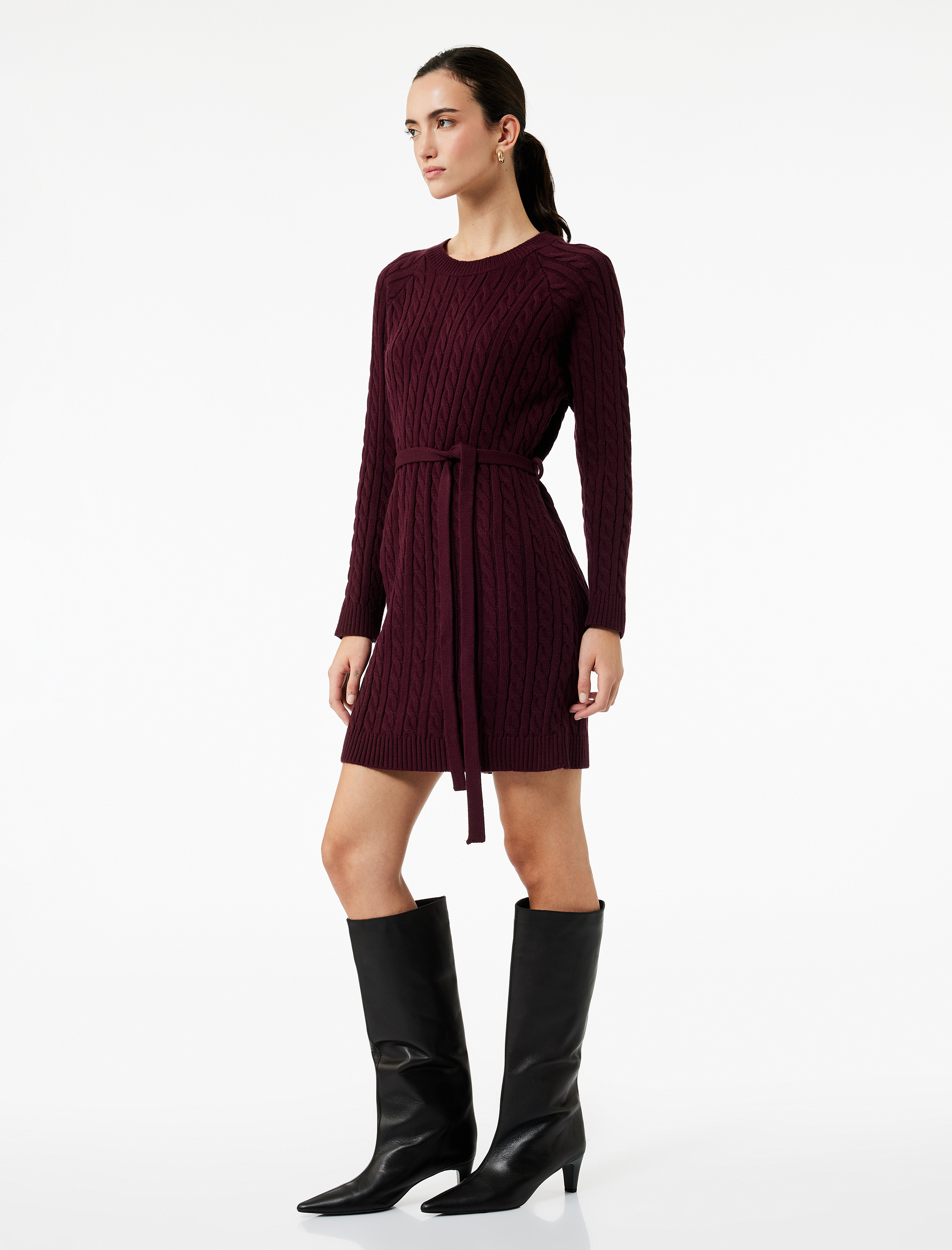   Uzun Kollu Bisiklet Yaka Kemerli Mini Boy Saç Örgü Triko Elbise