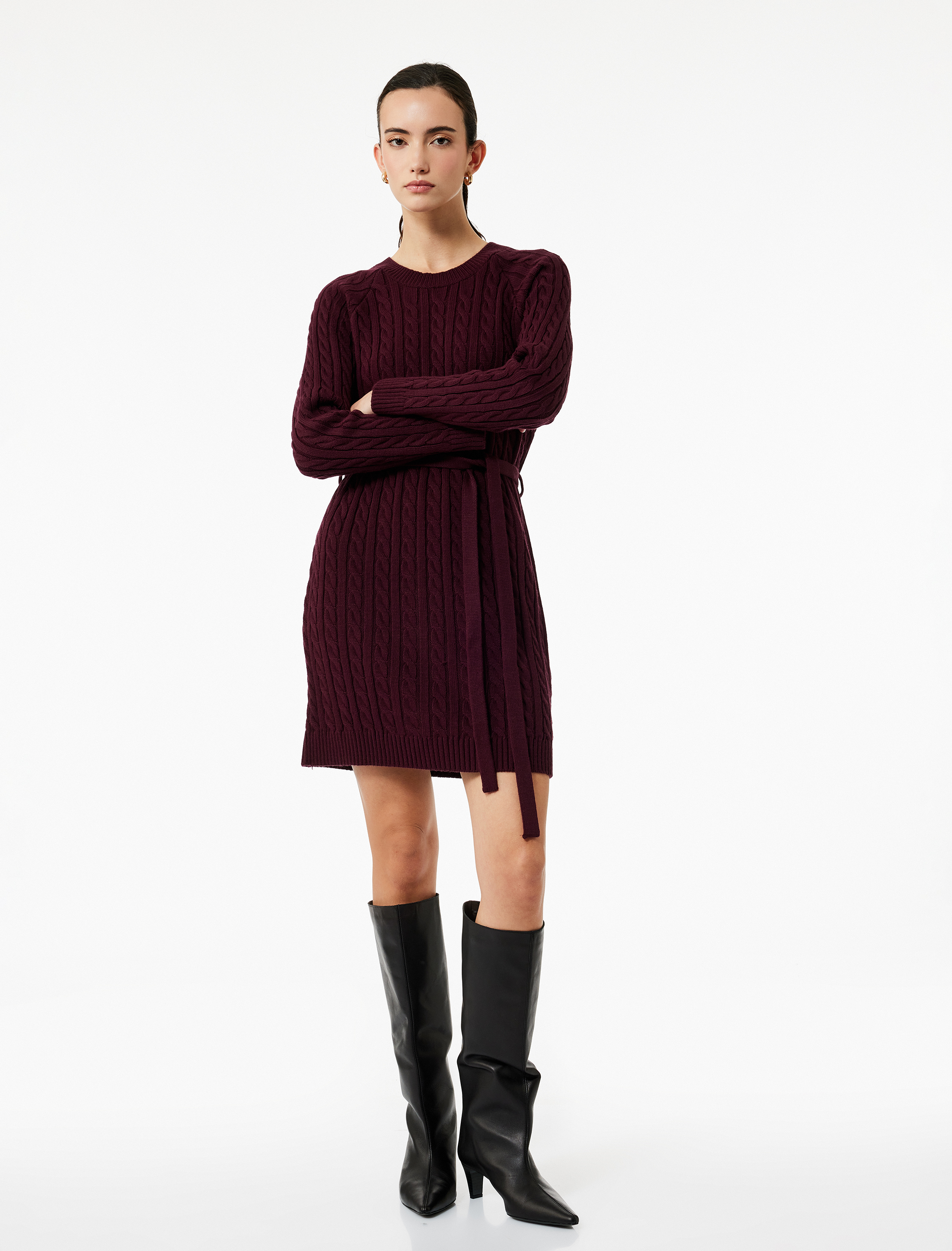   Uzun Kollu Bisiklet Yaka Kemerli Mini Boy Saç Örgü Triko Elbise