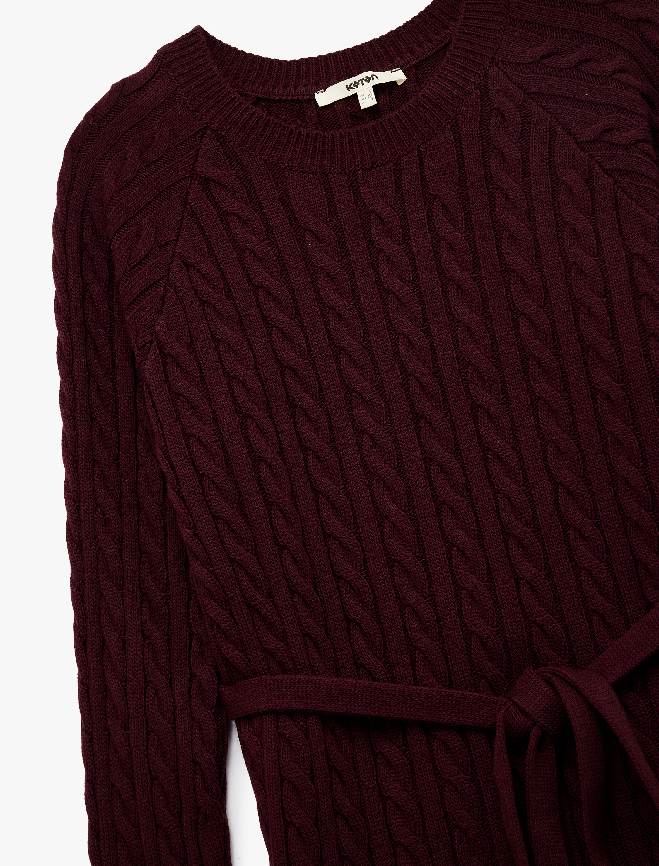   Uzun Kollu Bisiklet Yaka Kemerli Mini Boy Saç Örgü Triko Elbise