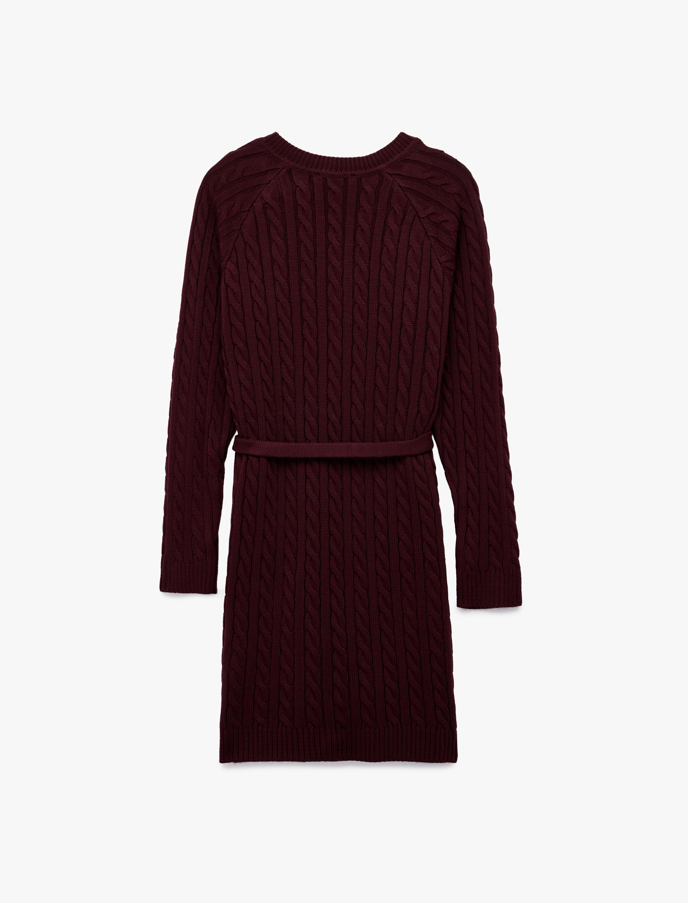   Uzun Kollu Bisiklet Yaka Kemerli Mini Boy Saç Örgü Triko Elbise