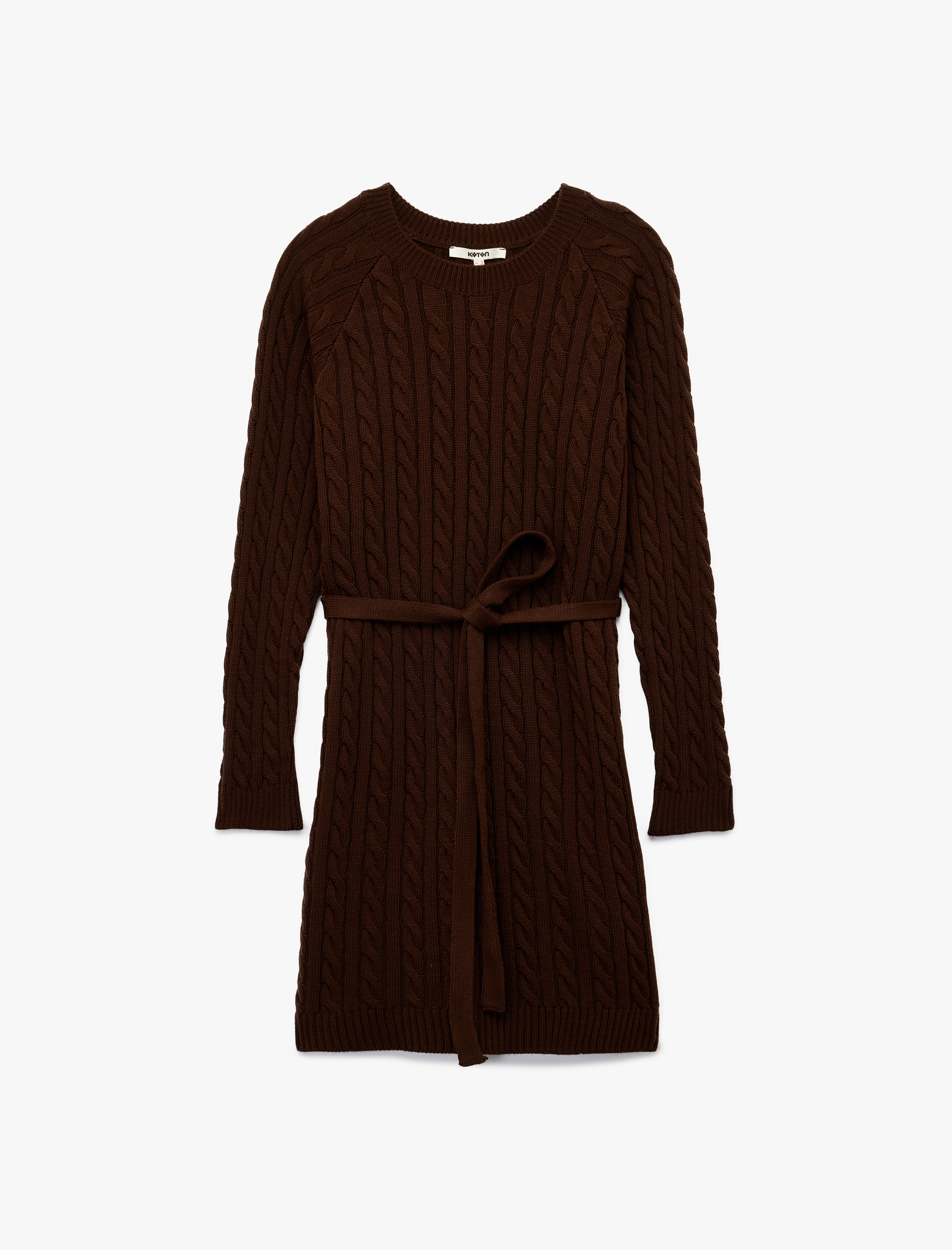   Uzun Kollu Bisiklet Yaka Kemerli Mini Boy Saç Örgü Triko Elbise