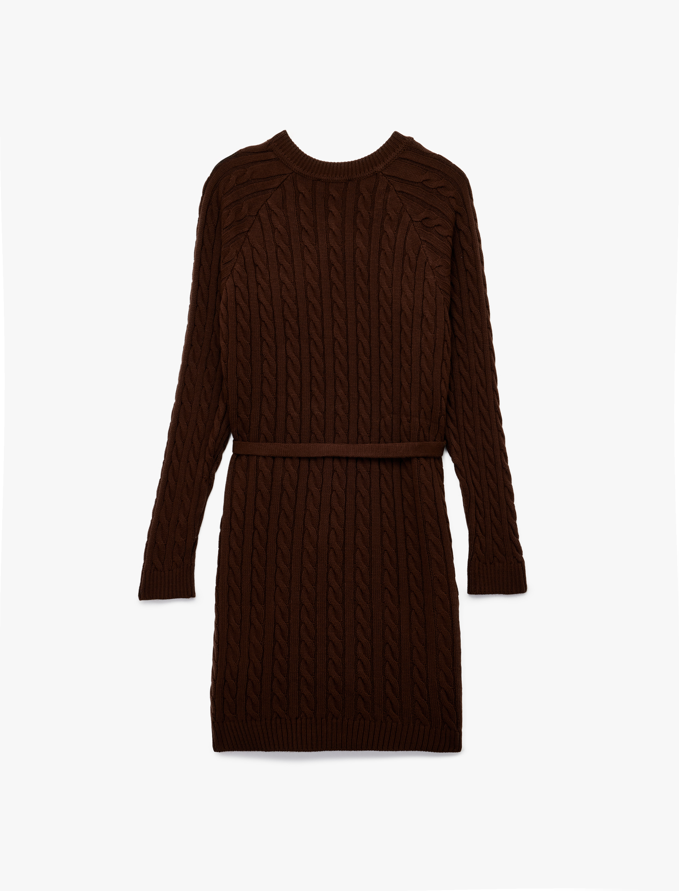   Uzun Kollu Bisiklet Yaka Kemerli Mini Boy Saç Örgü Triko Elbise