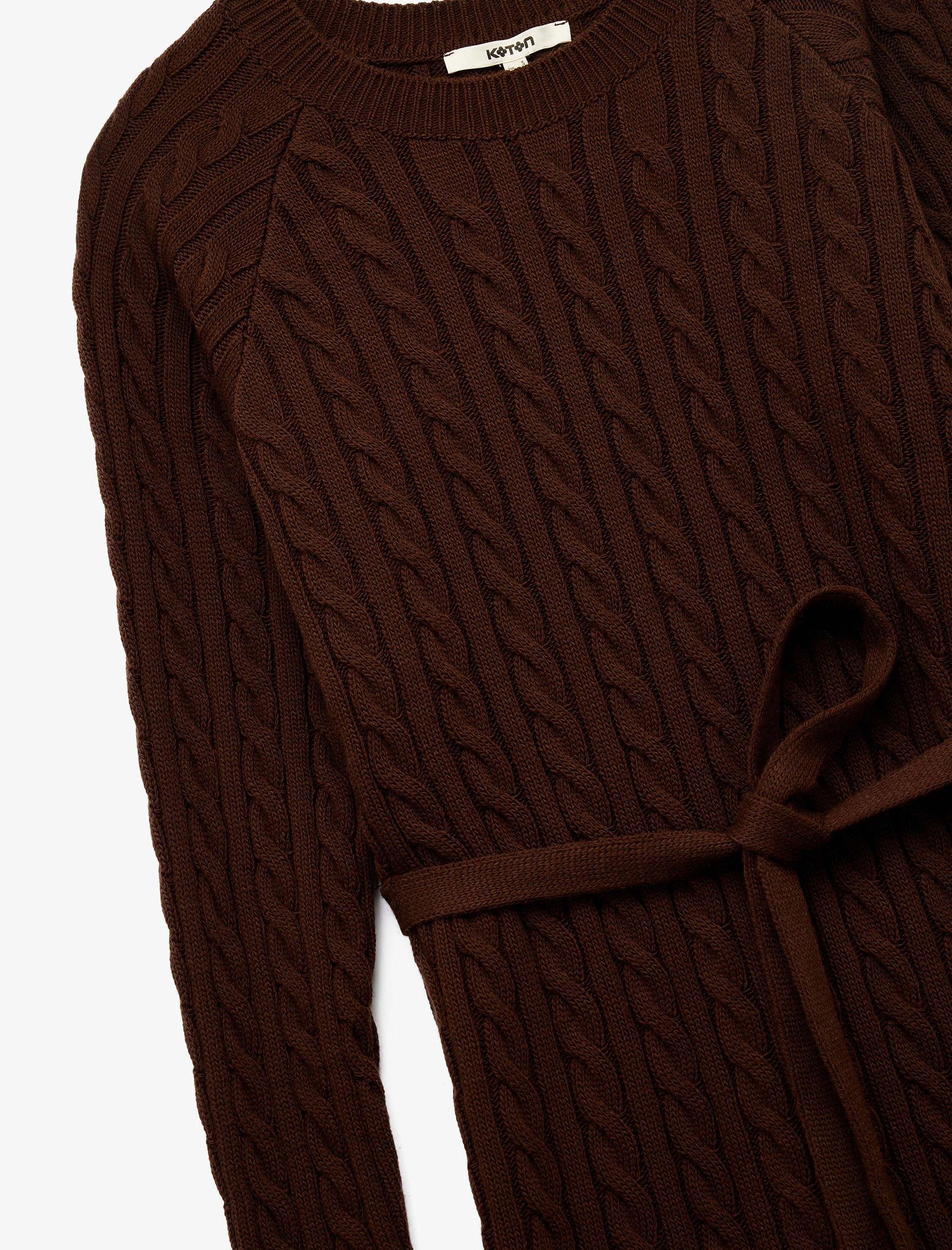   Uzun Kollu Bisiklet Yaka Kemerli Mini Boy Saç Örgü Triko Elbise