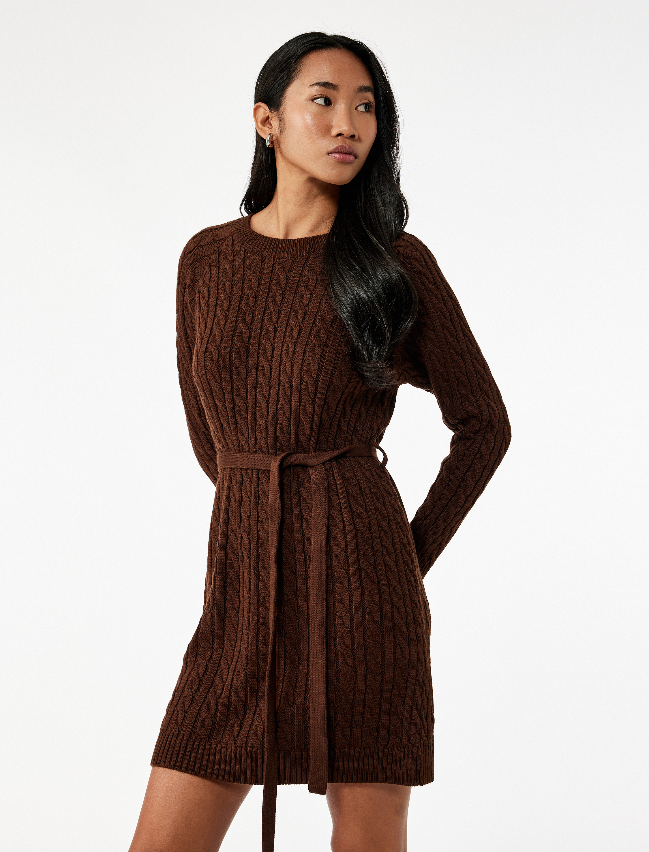   Uzun Kollu Bisiklet Yaka Kemerli Mini Boy Saç Örgü Triko Elbise