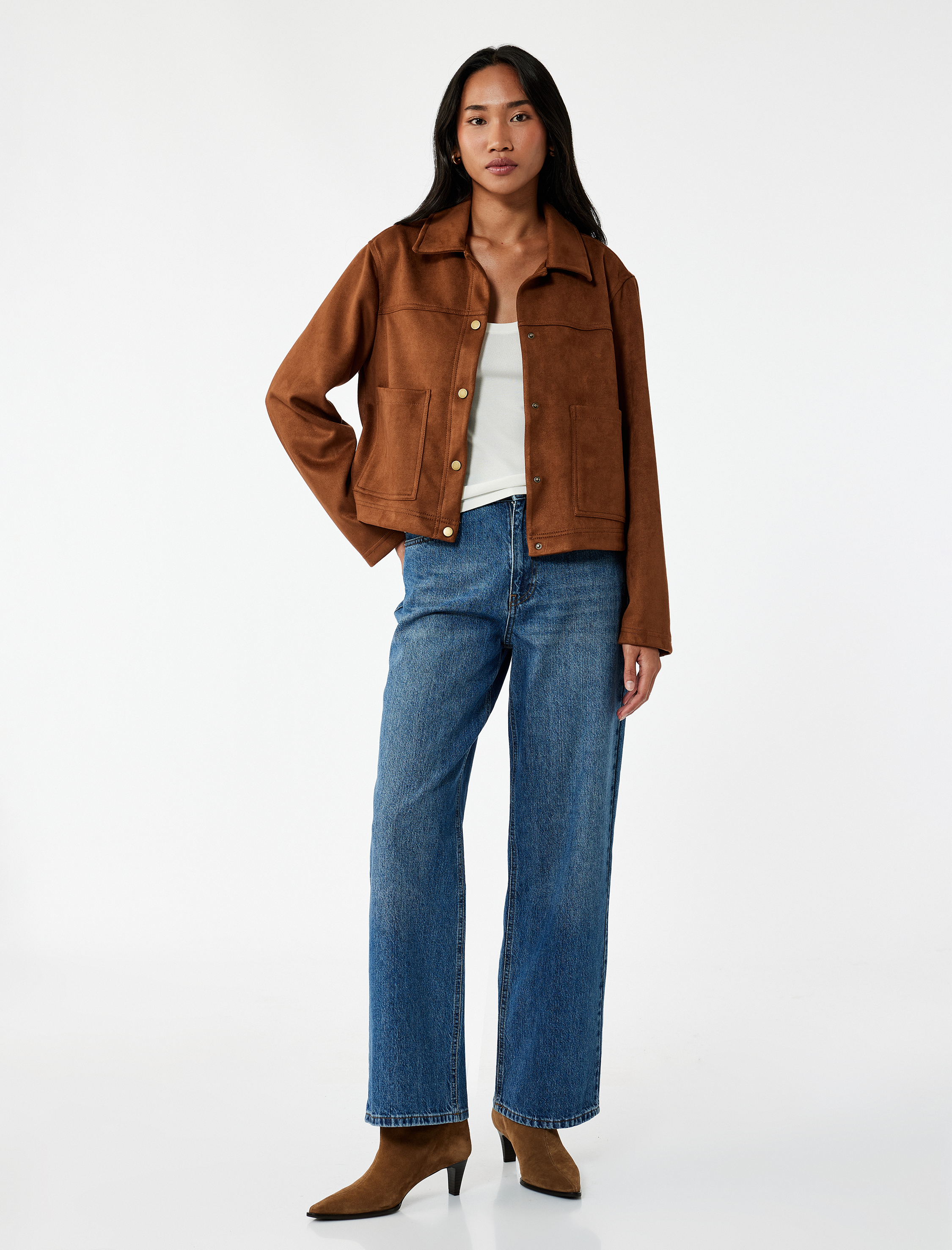   Cepli Uzun Kollu Gömlek Yaka Crop Suni Süet Ceket