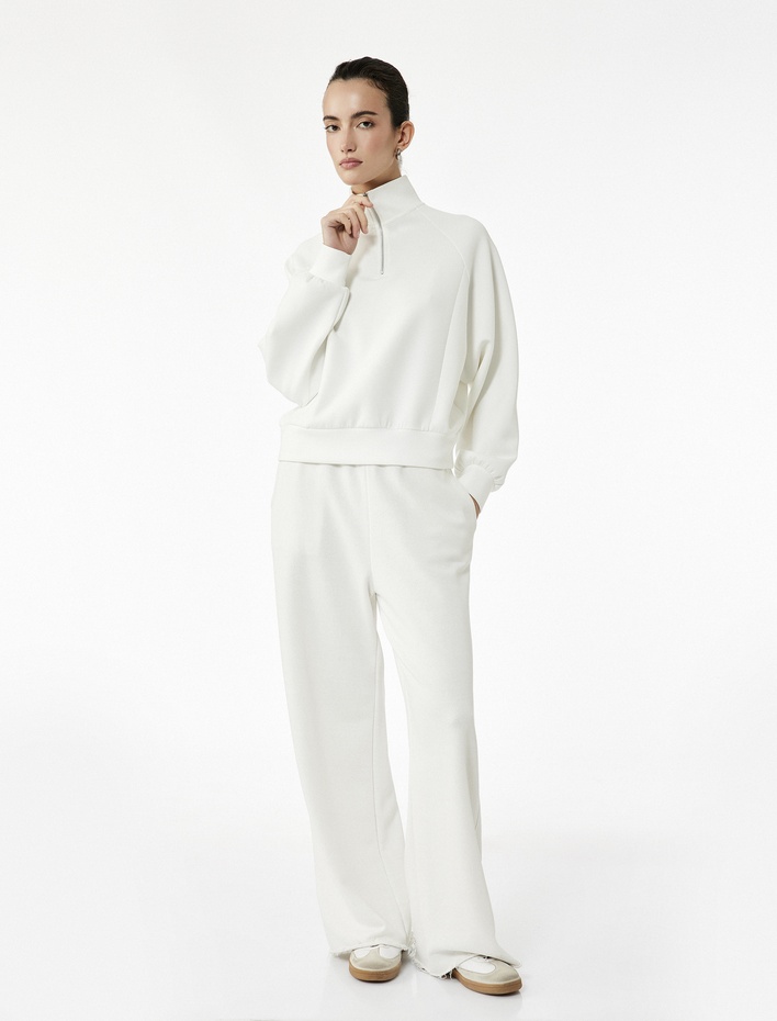  Rahat Kalıp Modal Kumaş Uzun Kollu Dik Yaka Yarım Fermuarlı Sweatshirt