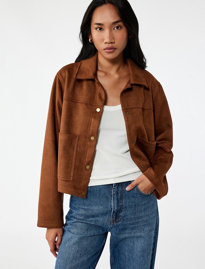  Cepli Uzun Kollu Gömlek Yaka Crop Suni Süet Ceket